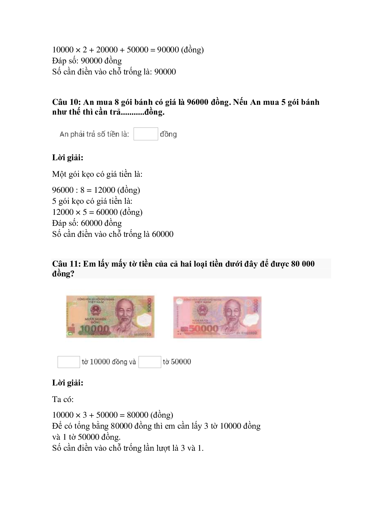 Trắc nghiệm Tiền Việt Nam có đáp án – Toán lớp 3 (trang 5)