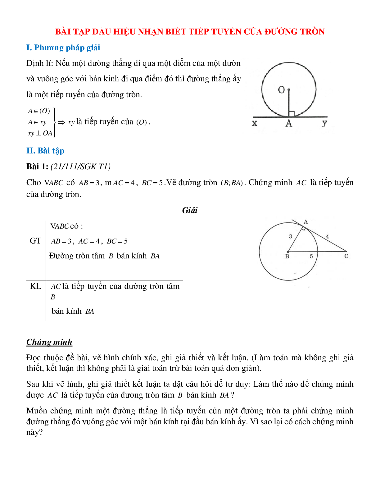 Bài tập Dấu hiệu tiếp tuyến của đường tròn (có đáp án)- Toán 9 (trang 1)