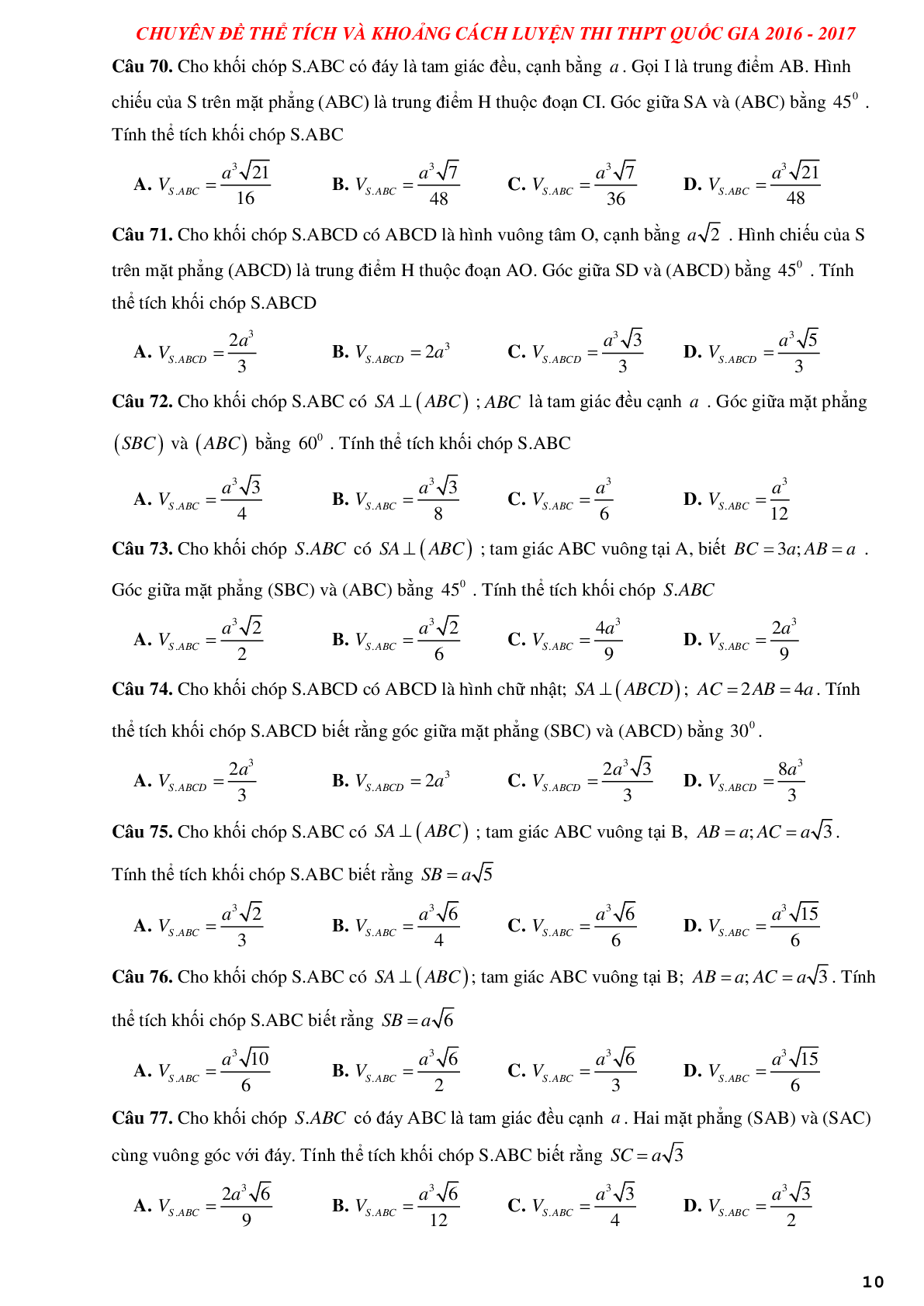 Tuyển chọn các bài tập trắc nghiệm thể tích khối đa diện và khoảng cách có lời giải (trang 10)
