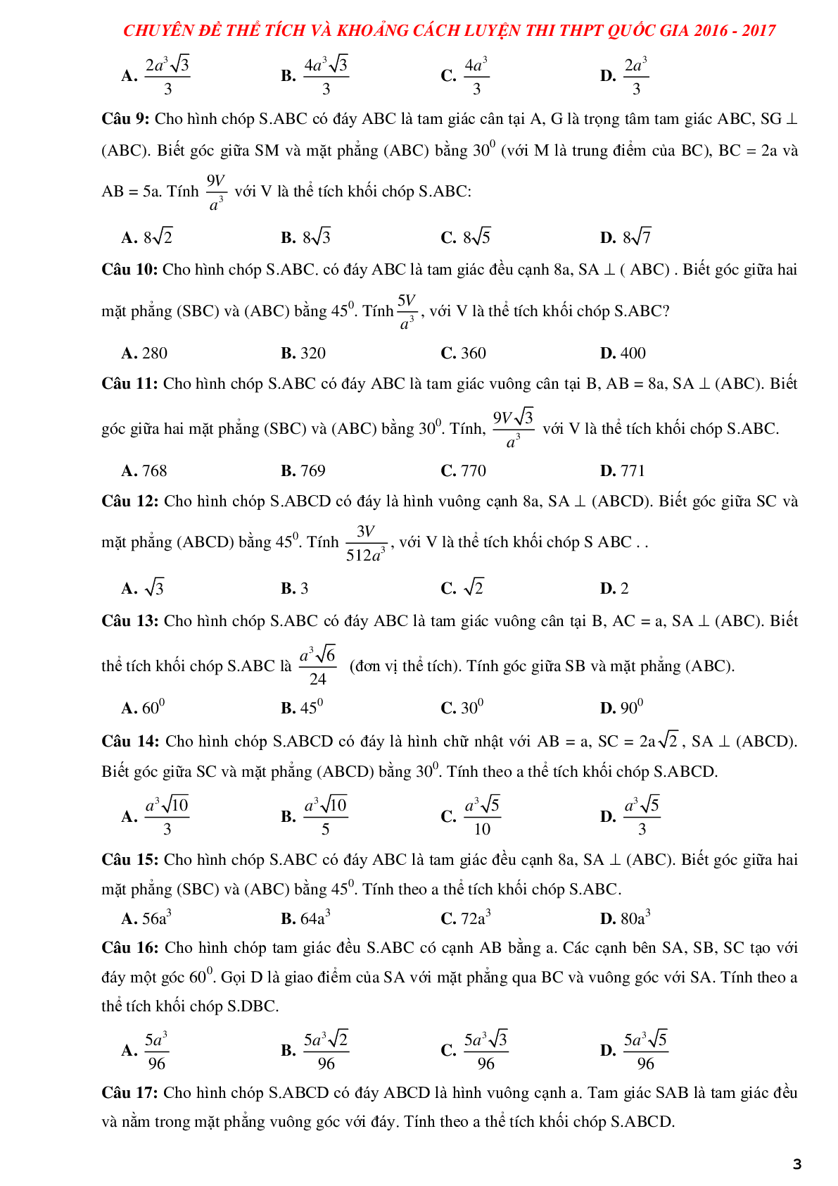 Tuyển chọn các bài tập trắc nghiệm thể tích khối đa diện và khoảng cách có lời giải (trang 3)