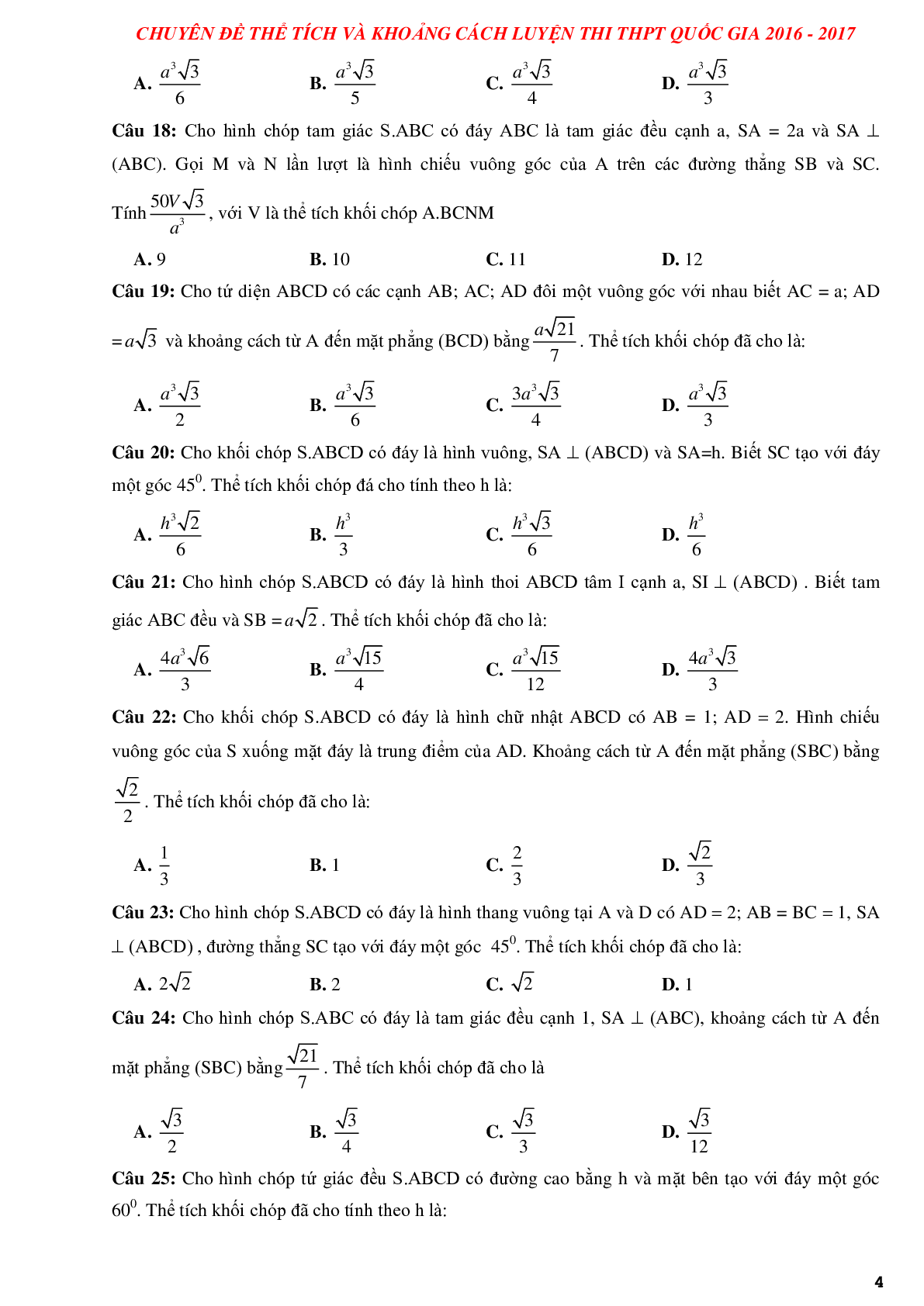 Tuyển chọn các bài tập trắc nghiệm thể tích khối đa diện và khoảng cách có lời giải (trang 4)