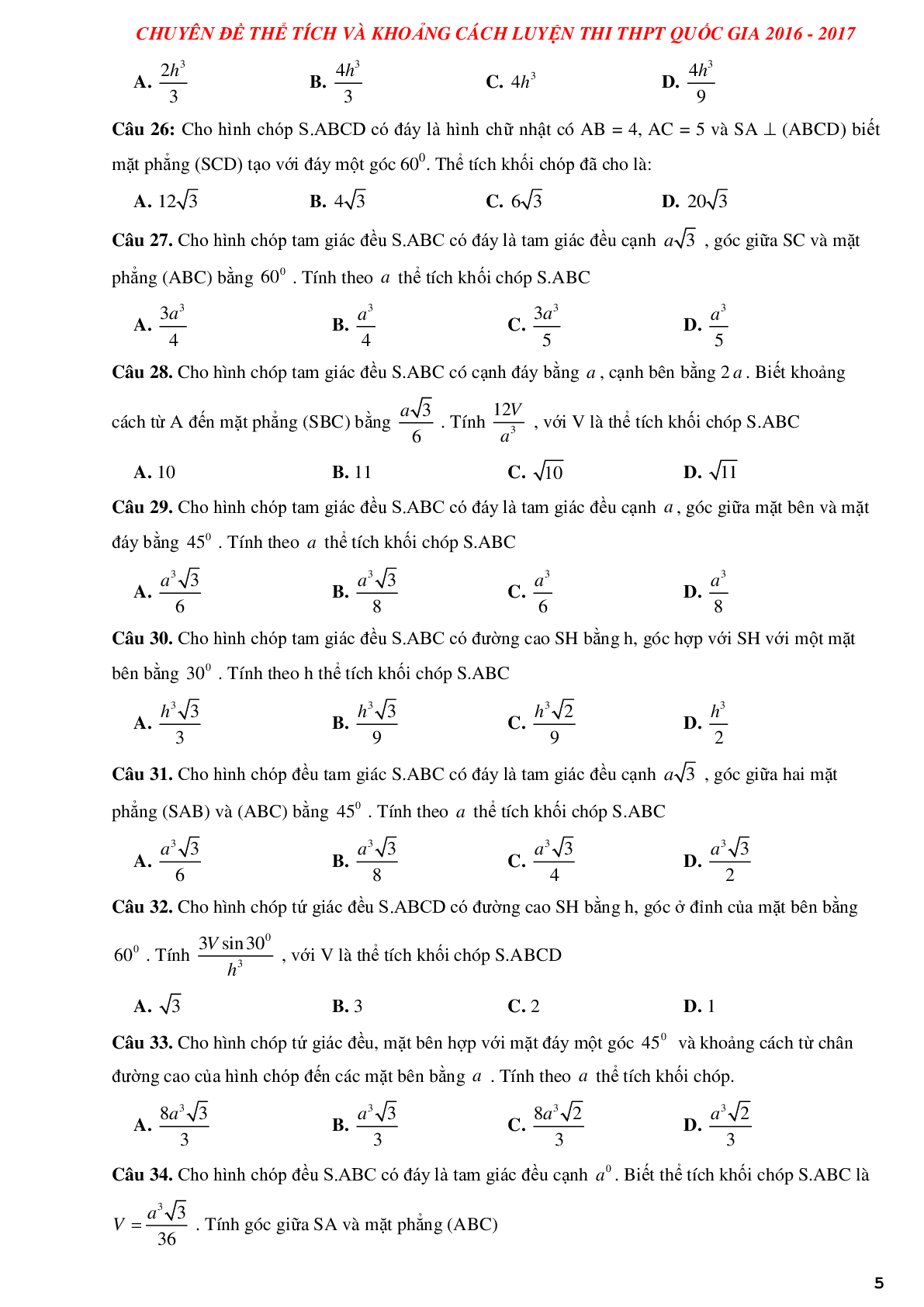 Tuyển chọn các bài tập trắc nghiệm thể tích khối đa diện và khoảng cách có lời giải (trang 5)