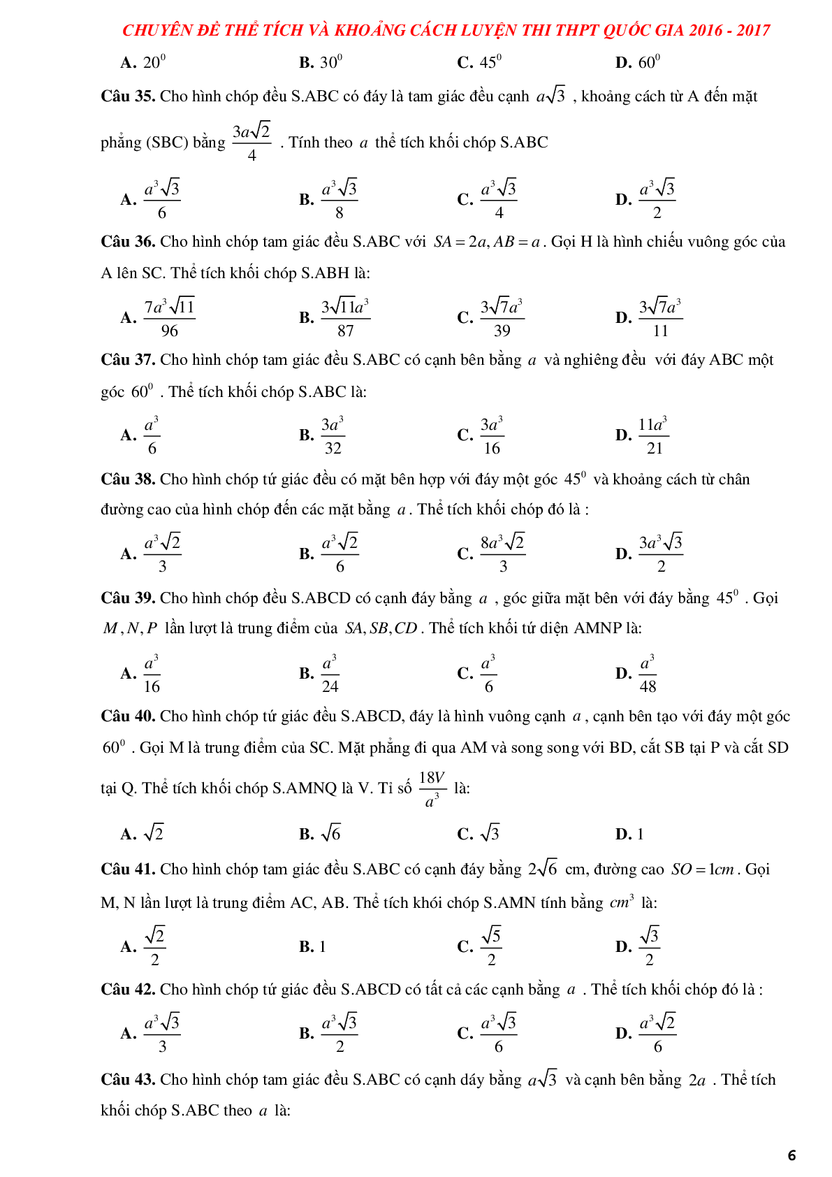Tuyển chọn các bài tập trắc nghiệm thể tích khối đa diện và khoảng cách có lời giải (trang 6)
