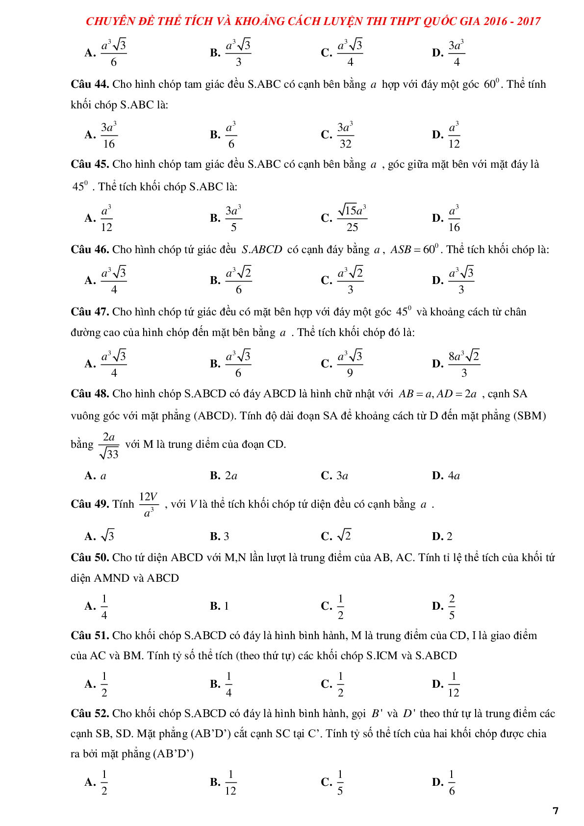 Tuyển chọn các bài tập trắc nghiệm thể tích khối đa diện và khoảng cách có lời giải (trang 7)