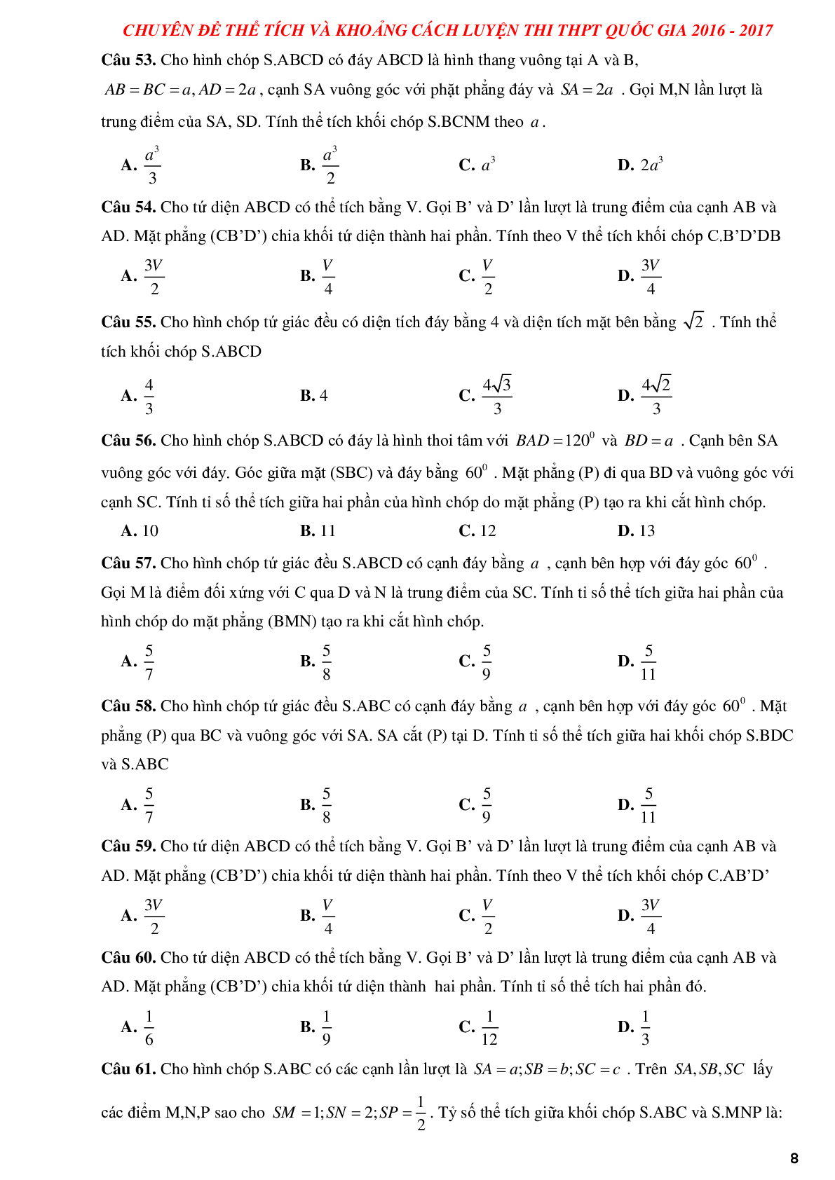 Tuyển chọn các bài tập trắc nghiệm thể tích khối đa diện và khoảng cách có lời giải (trang 8)