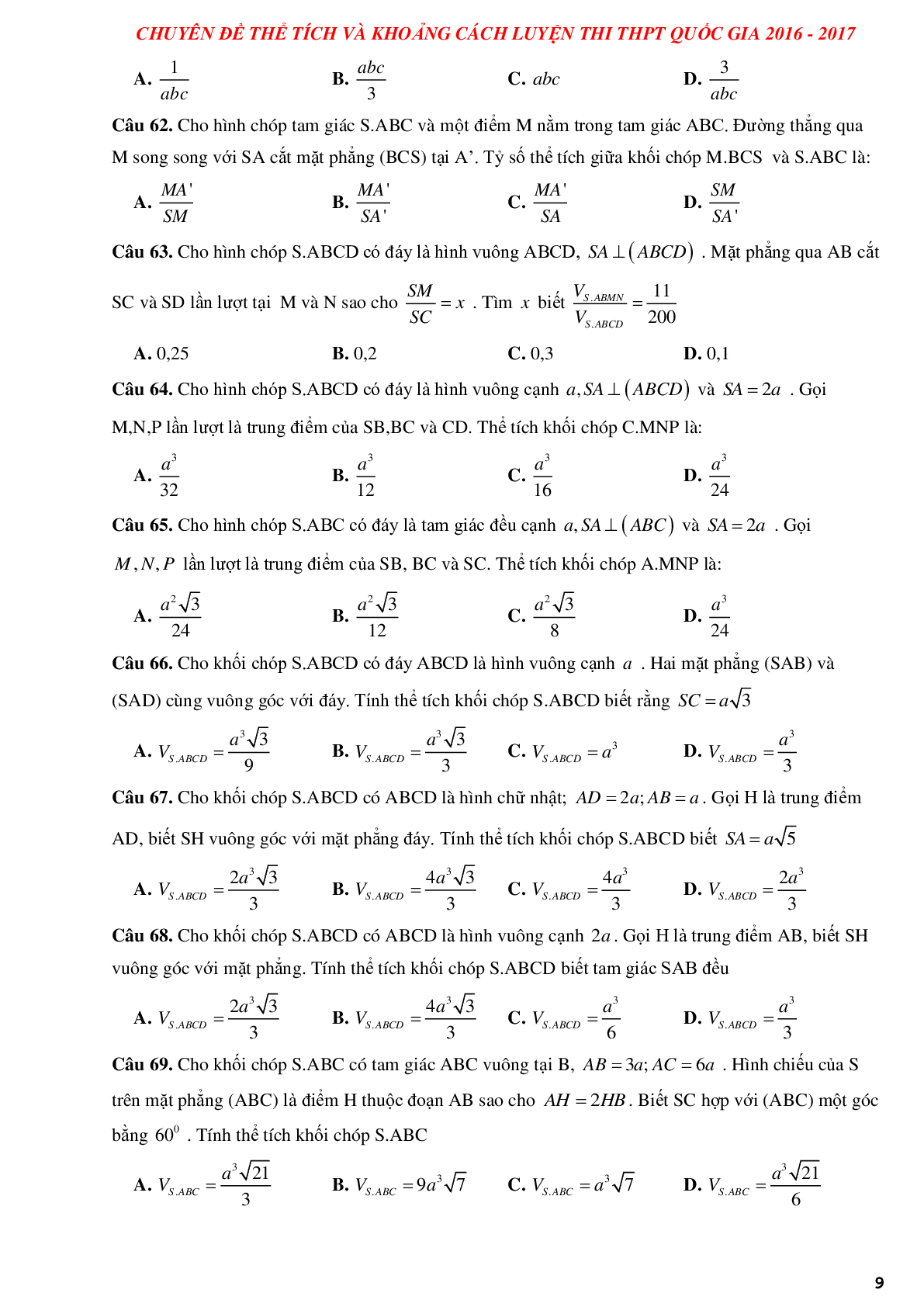 Tuyển chọn các bài tập trắc nghiệm thể tích khối đa diện và khoảng cách có lời giải (trang 9)