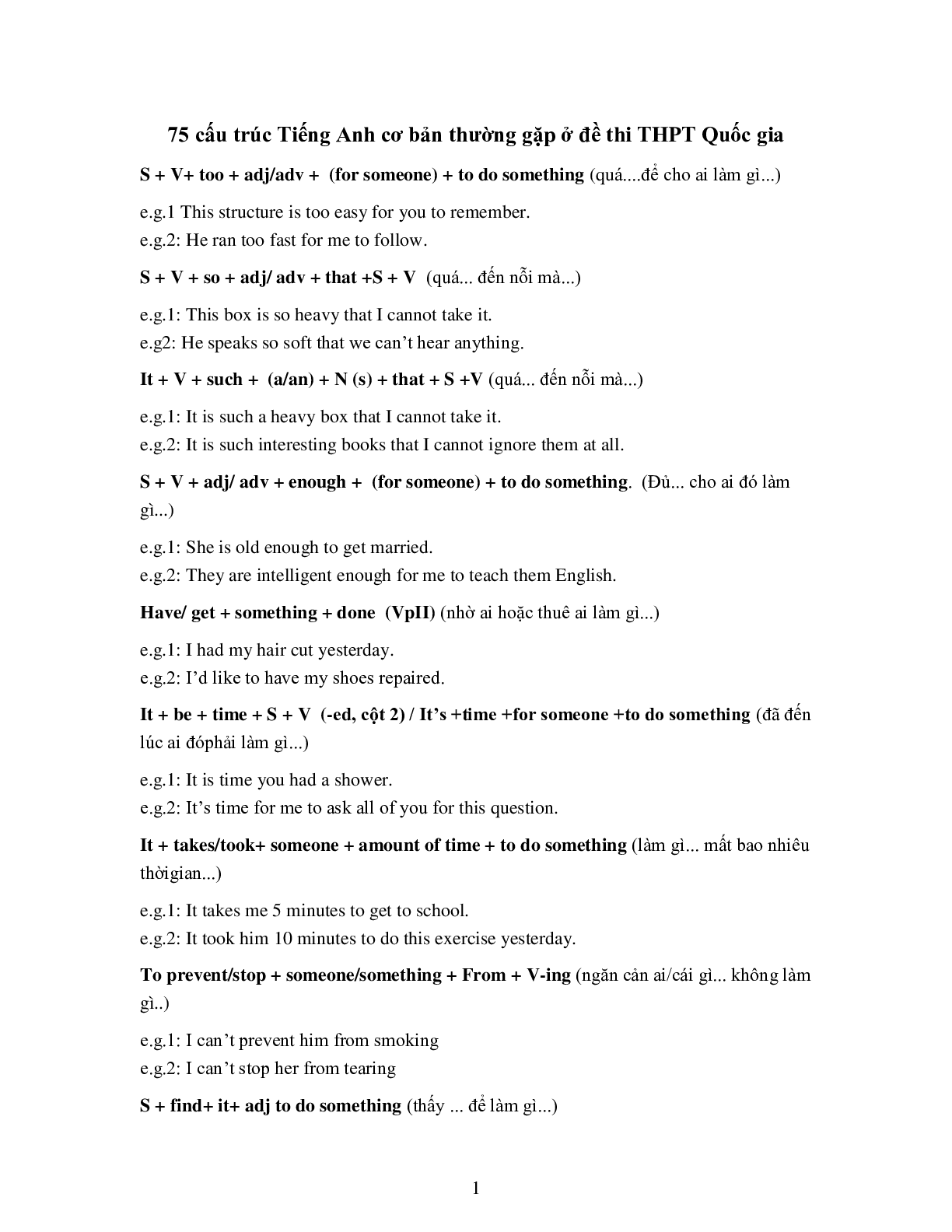 75 Cấu trúc hay gặp trong bài thi THPTQG môn Tiếng anh (trang 1)