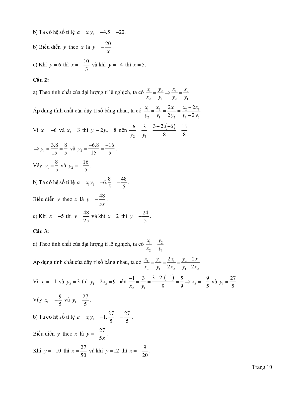 Lý thuyết Toán 7 có đáp án: Đại lượng tỉ lệ nghịch - Một số bài toán về đại lượng tỉ lệ nghịch (trang 10)