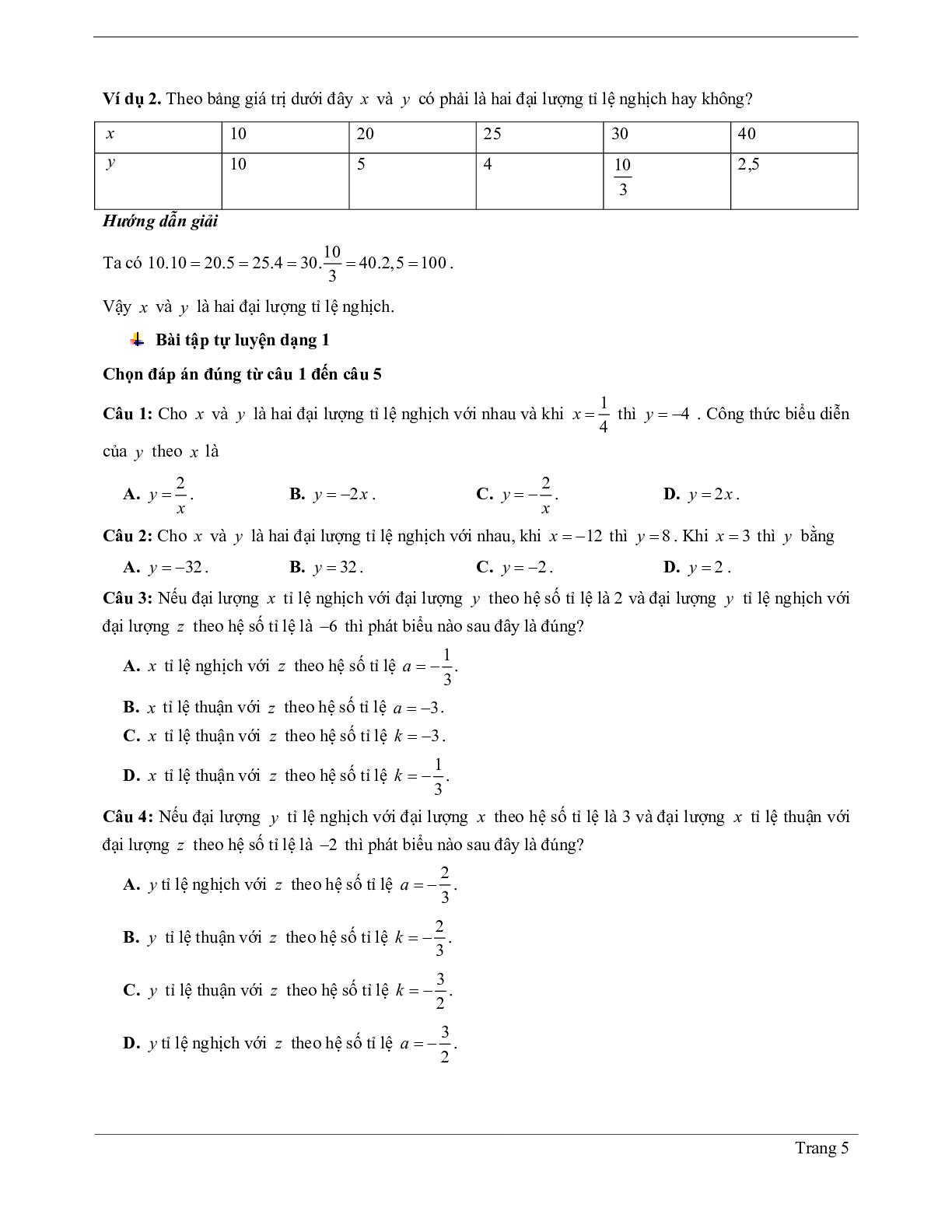 Lý thuyết Toán 7 có đáp án: Đại lượng tỉ lệ nghịch - Một số bài toán về đại lượng tỉ lệ nghịch (trang 5)