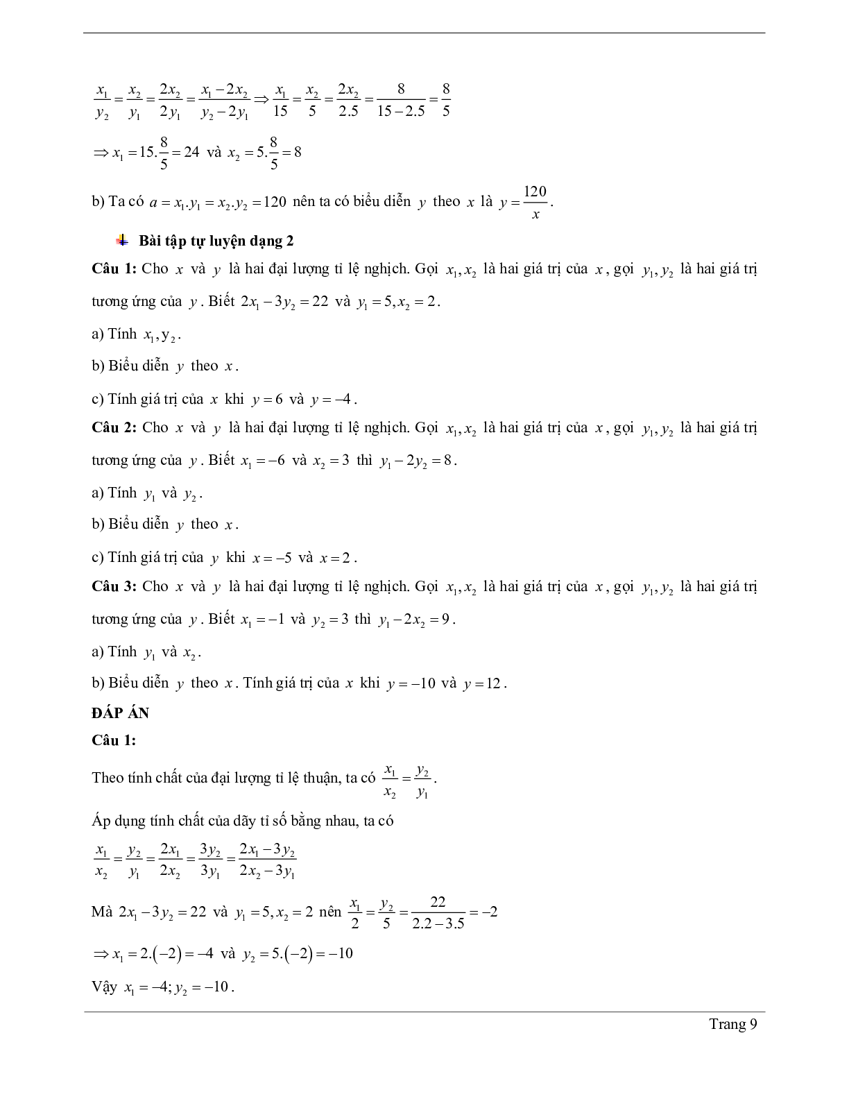 Lý thuyết Toán 7 có đáp án: Đại lượng tỉ lệ nghịch - Một số bài toán về đại lượng tỉ lệ nghịch (trang 9)