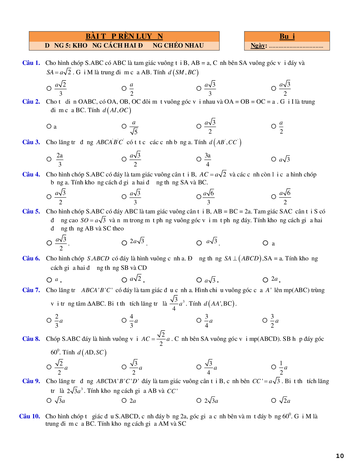 Trắc nghiệm về khối đa diện và các dạng toán liên quan (trang 10)