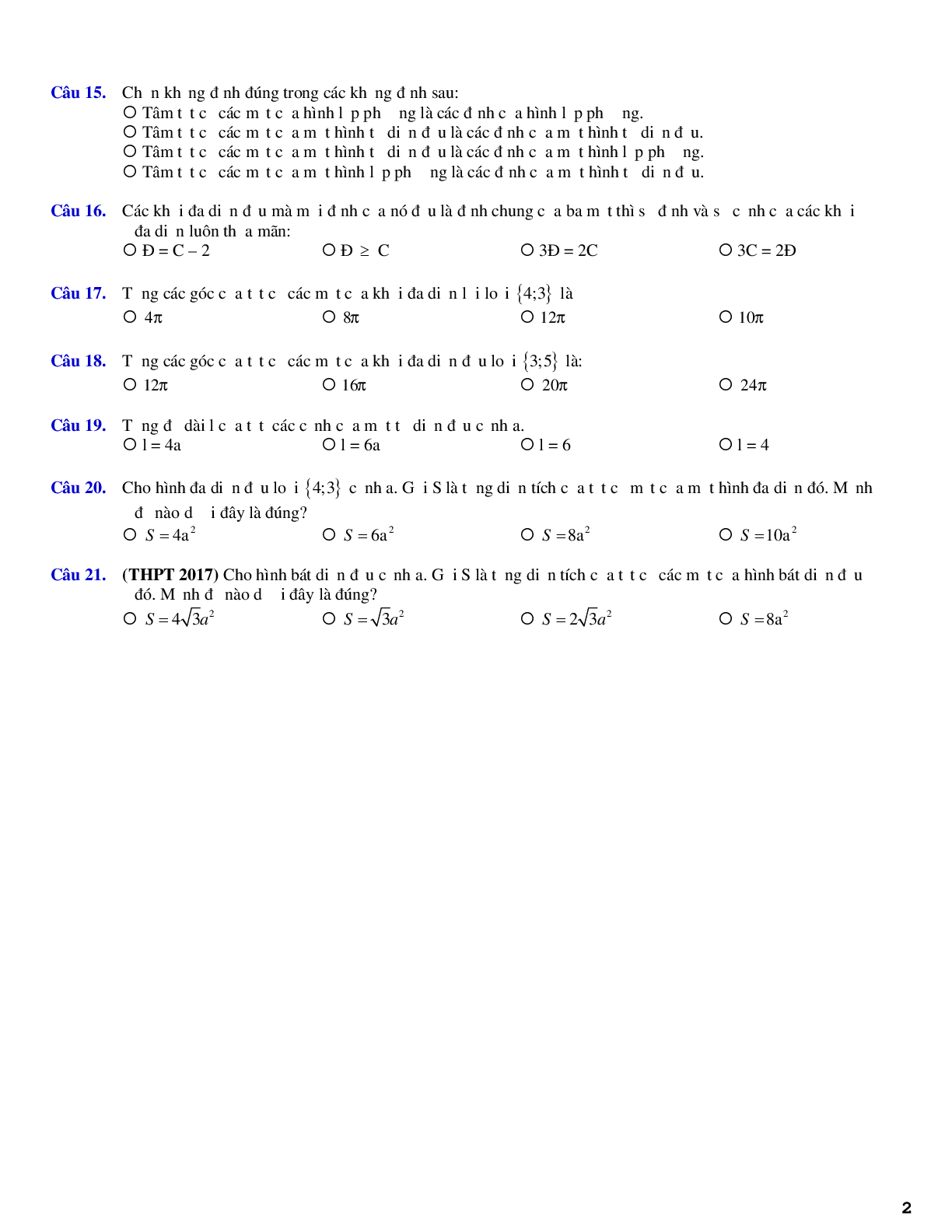 Trắc nghiệm về khối đa diện và các dạng toán liên quan (trang 2)