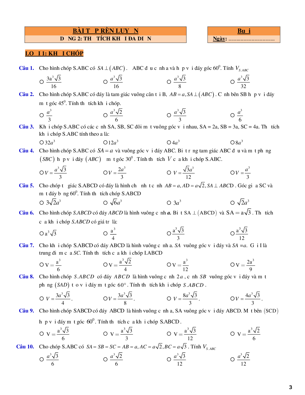 Trắc nghiệm về khối đa diện và các dạng toán liên quan (trang 3)