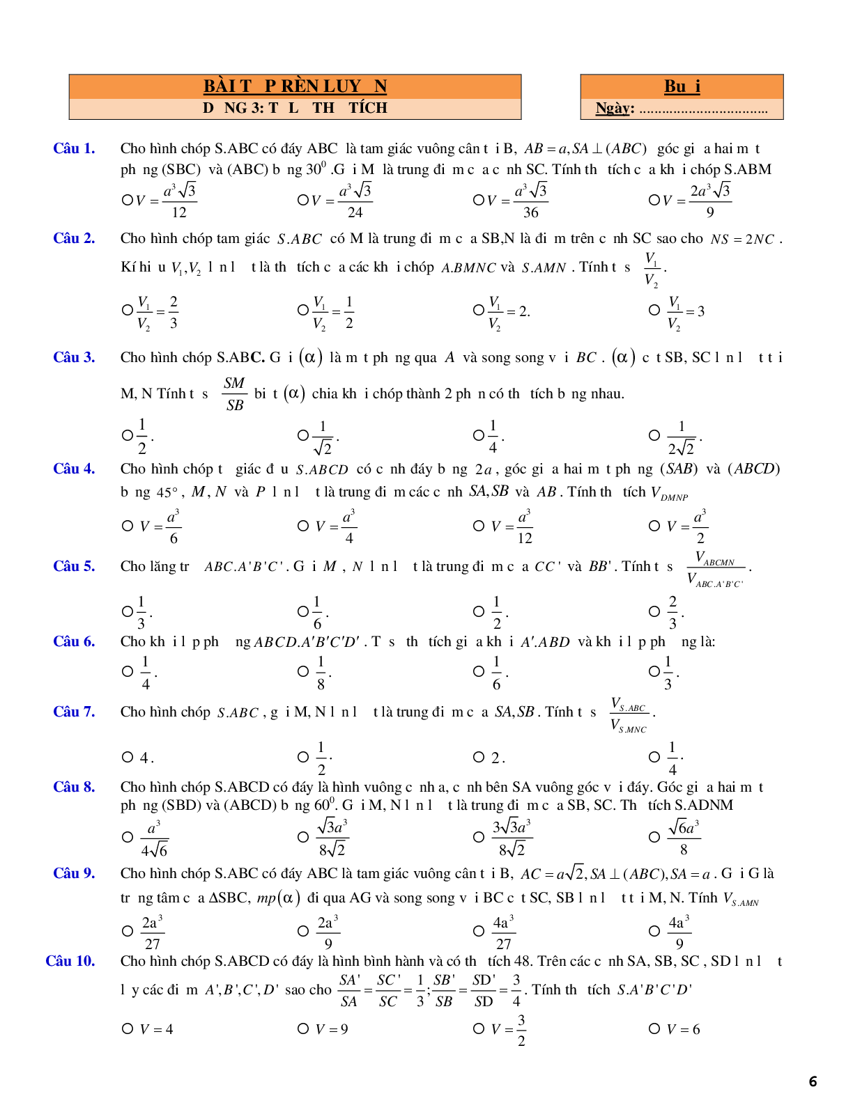 Trắc nghiệm về khối đa diện và các dạng toán liên quan (trang 6)