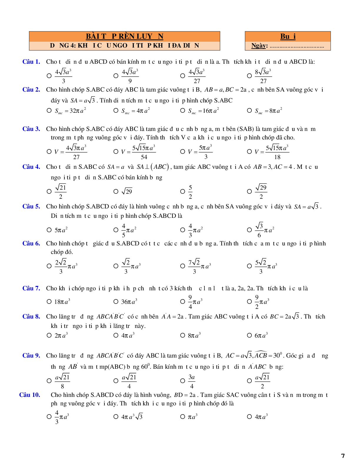 Trắc nghiệm về khối đa diện và các dạng toán liên quan (trang 7)