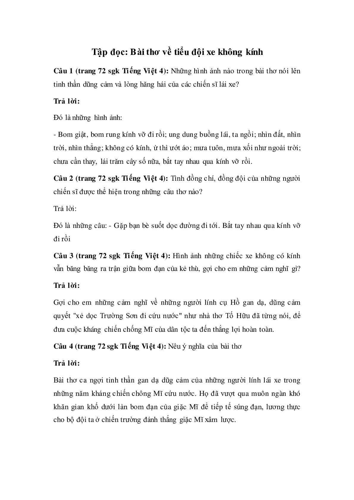 Soạn Tiếng Việt lớp 4: Tập đọc: Bài thơ về tiểu đội xe không kính mới nhất (trang 1)