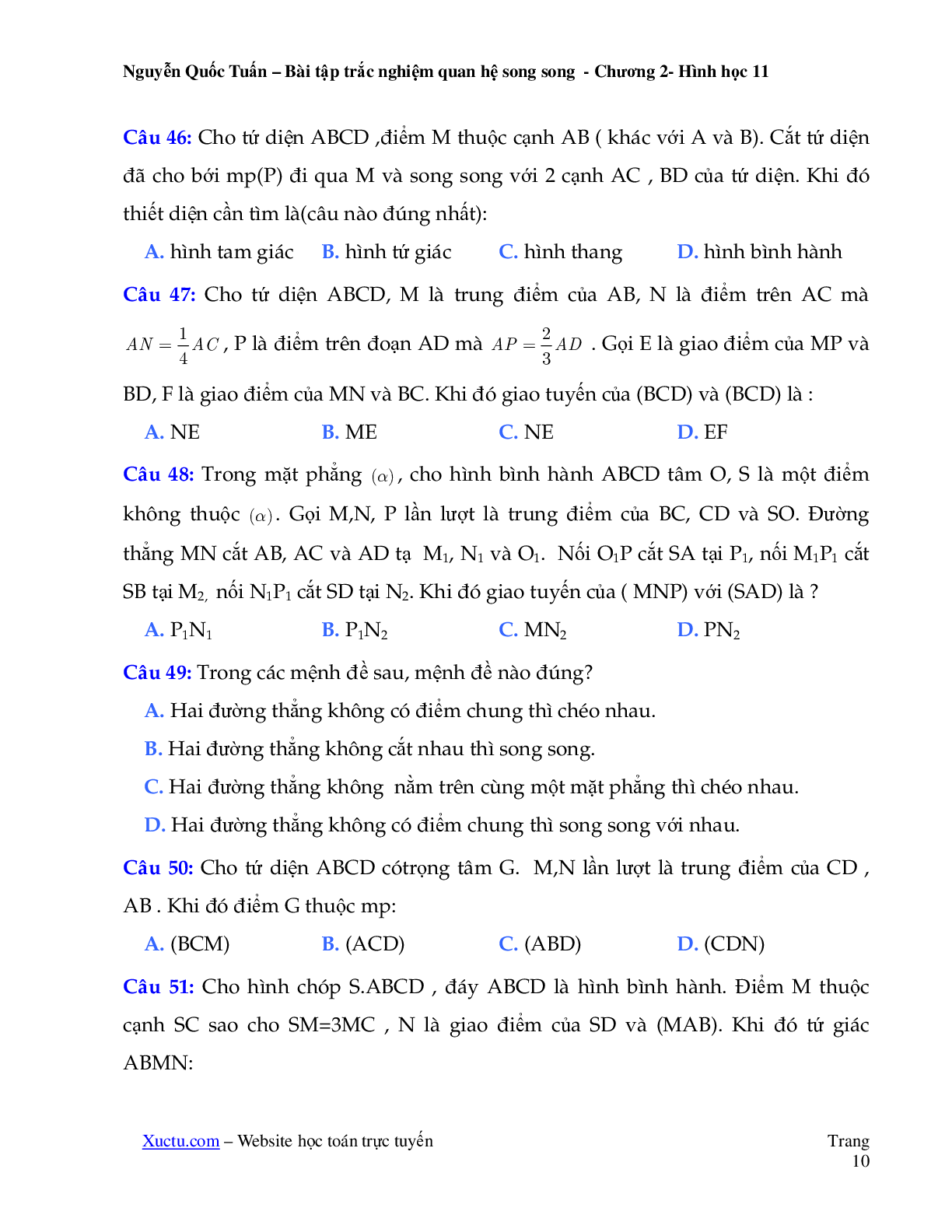 121 câu trắc nghiệm quan hệ song song 2023 (trang 10)
