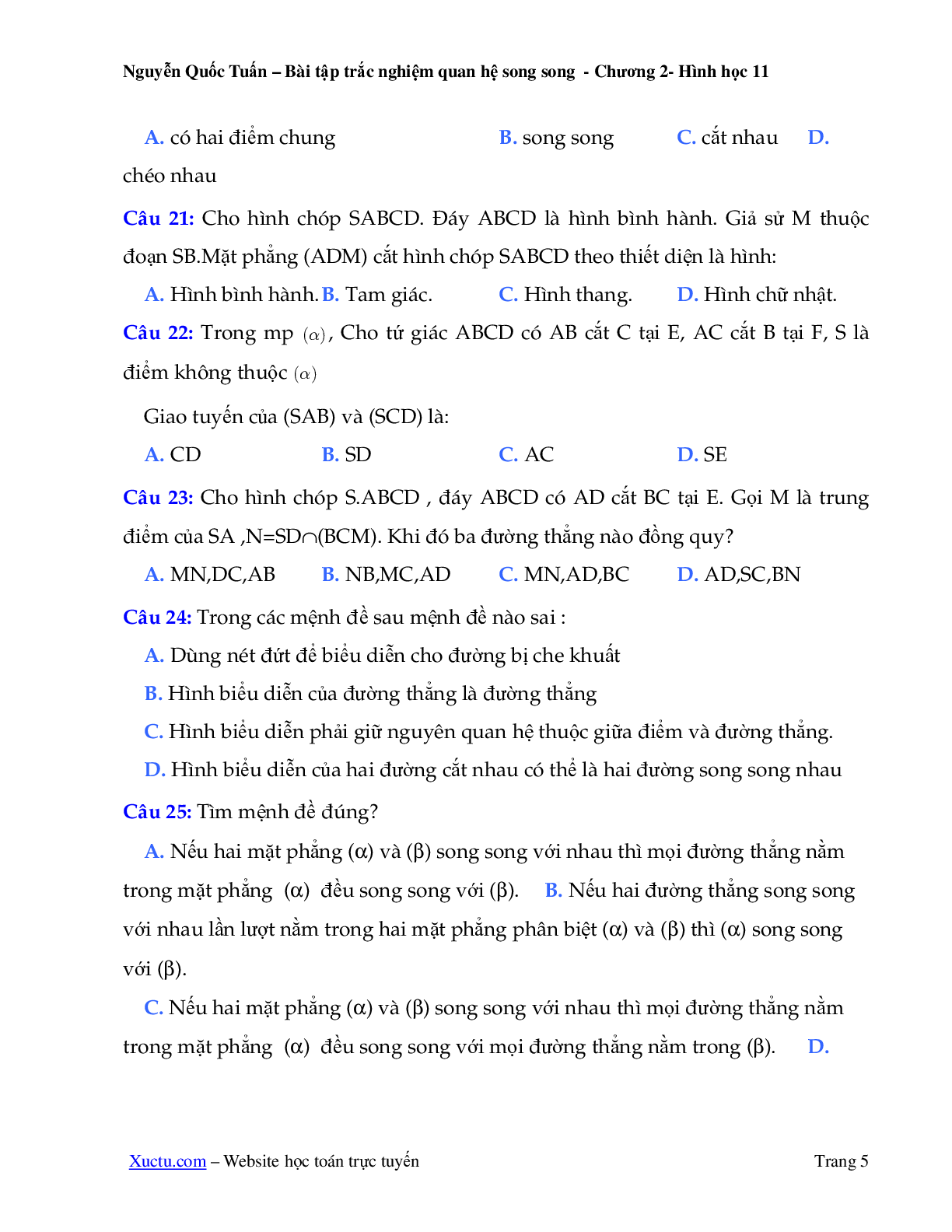 121 câu trắc nghiệm quan hệ song song 2023 (trang 5)