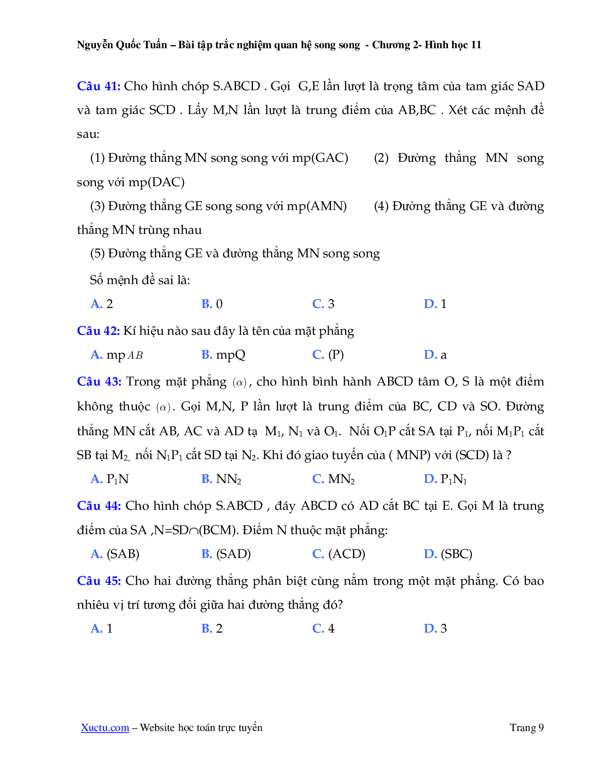 121 câu trắc nghiệm quan hệ song song 2023 (trang 9)