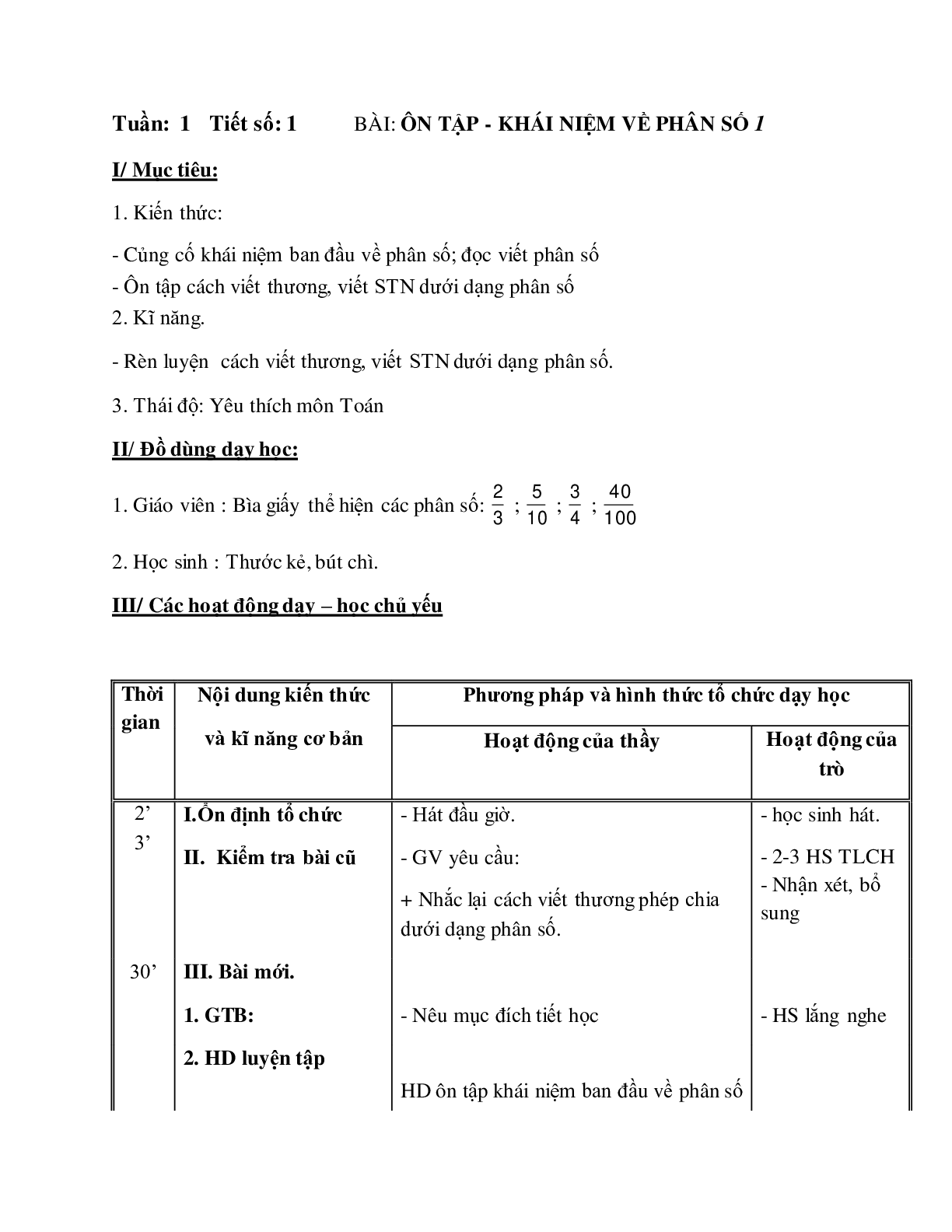 Giáo án Toán lớp 5 bài: Ôn tập Khái niệm về phân số mới, chuẩn nhất (trang 1)
