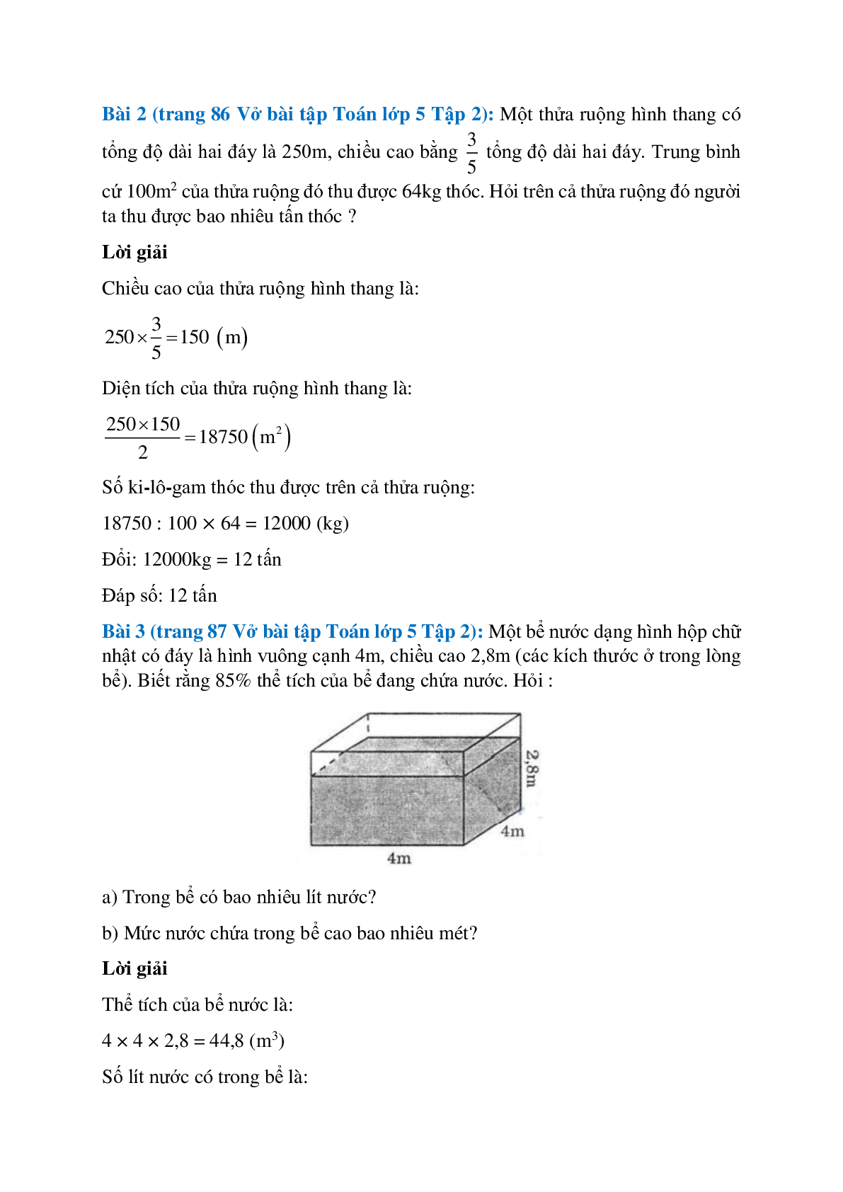 Vở bài tập Toán lớp 5 Tập 2 trang 86, 87 Bài 148: Ôn tập về đo diện tích và đo thể tích (tiếp theo) (trang 2)