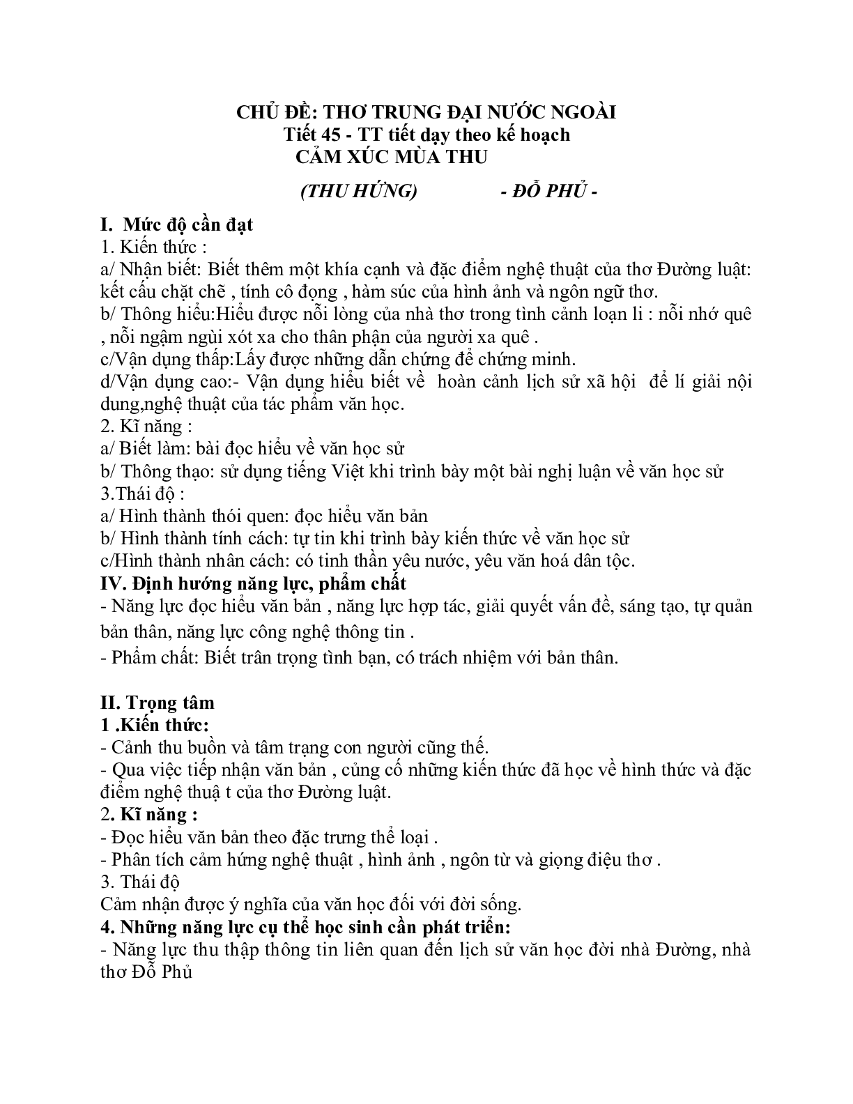 Giáo án ngữ văn lớp 10 Tiết 45: Cảm xúc mùa thu (trang 1)