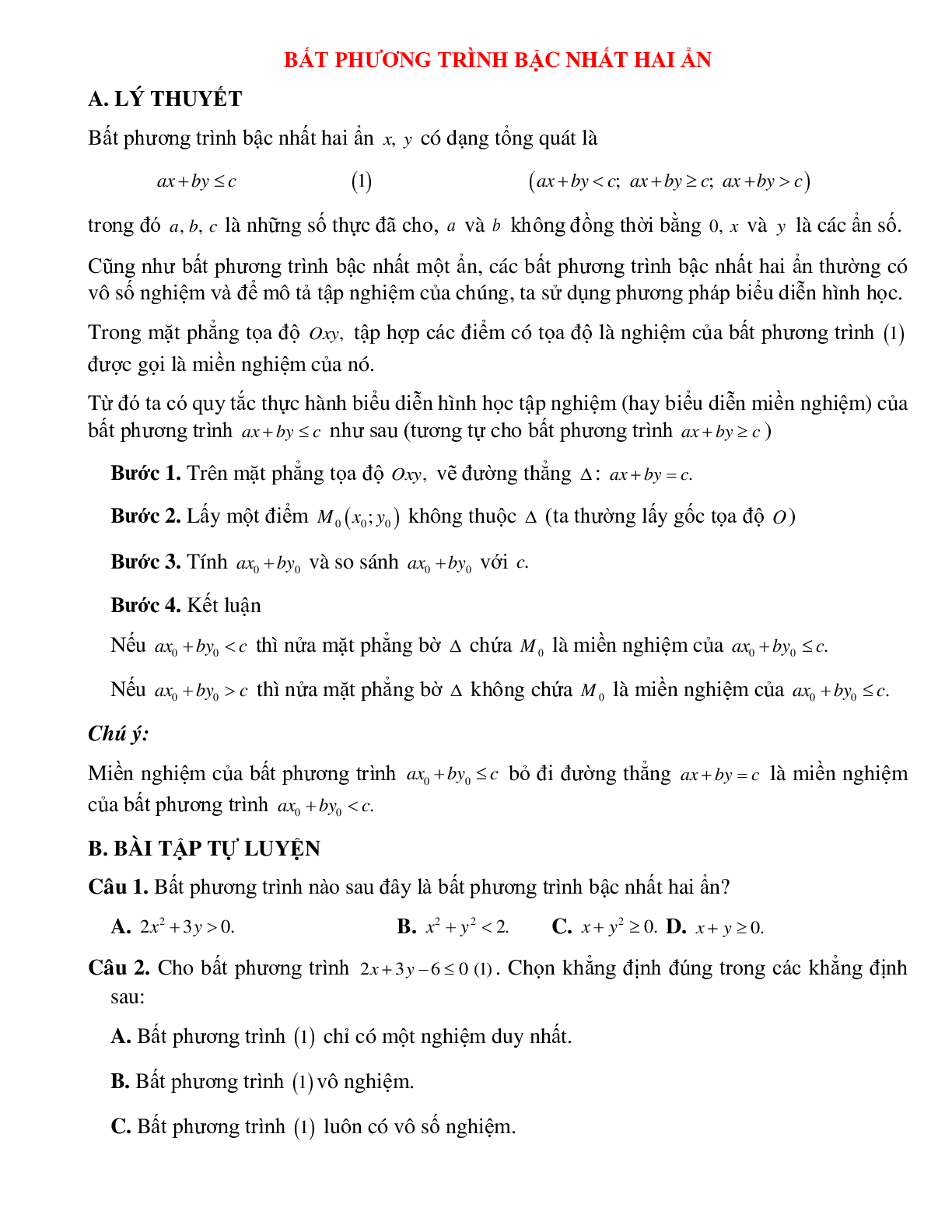 Bài tập bất phương trình bậc nhất hai ẩn Toán 10 (trang 1)