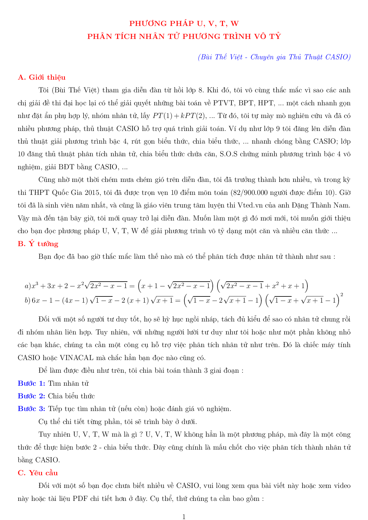 Phương pháp U V T W phân tích nhân tử phương trình vô tỷ (trang 1)