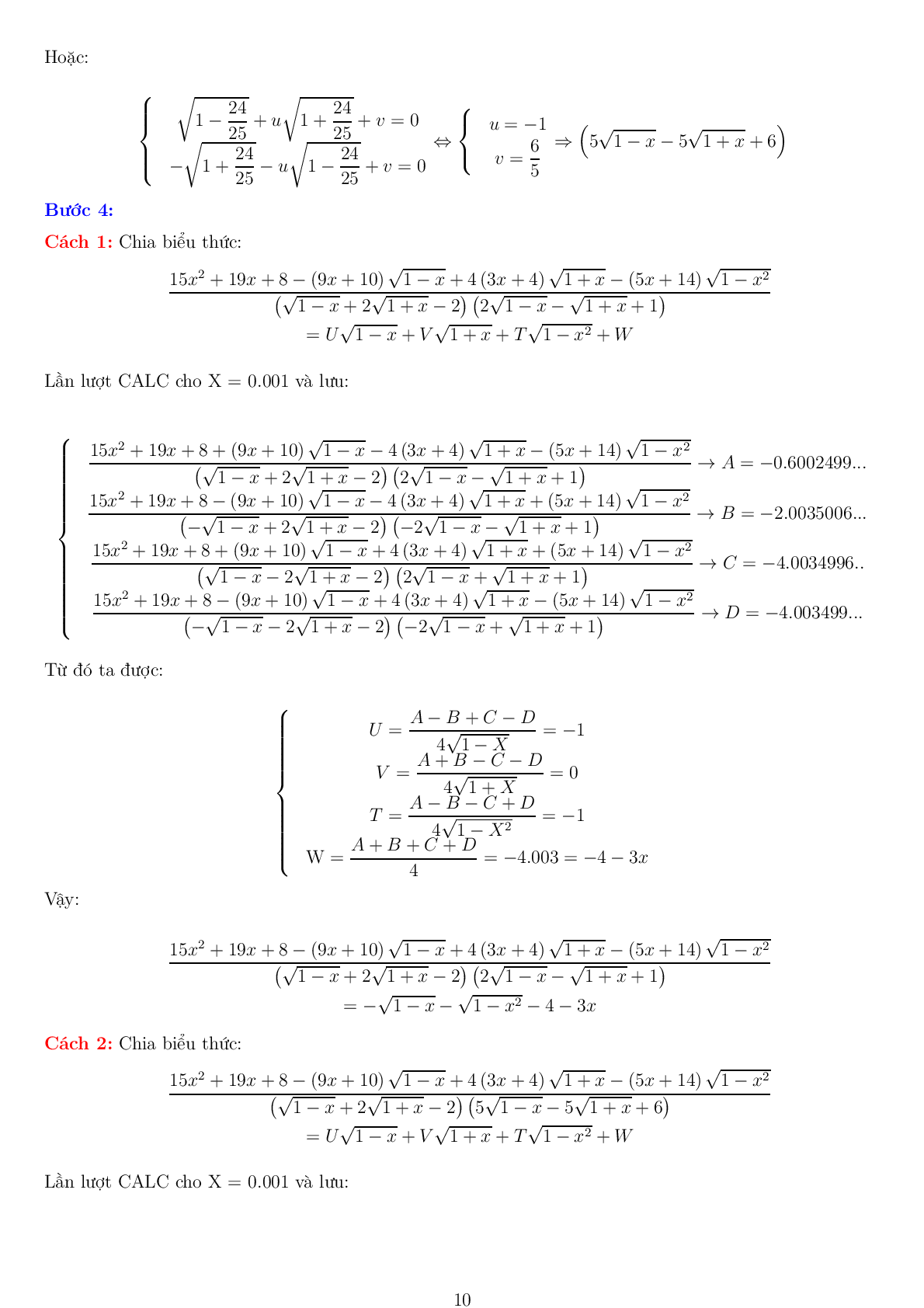 Phương pháp U V T W phân tích nhân tử phương trình vô tỷ (trang 10)