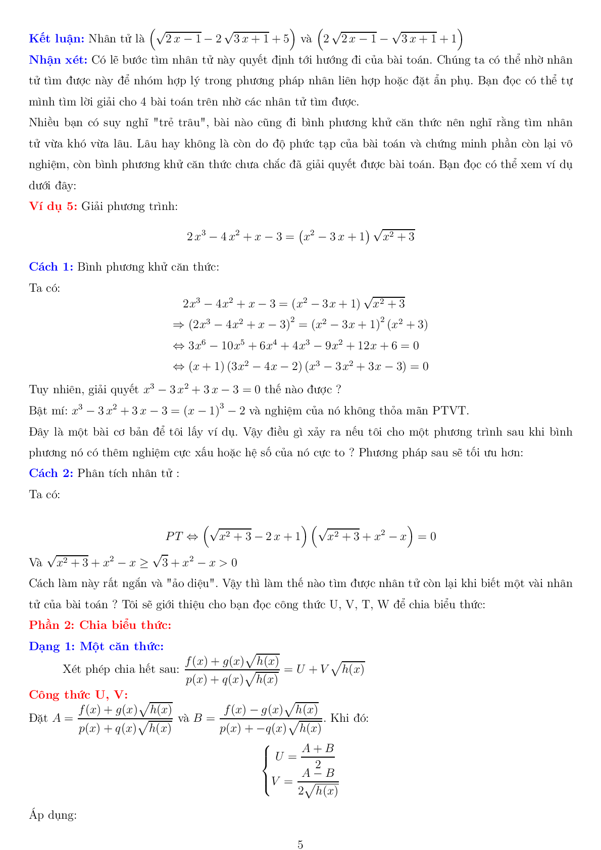 Phương pháp U V T W phân tích nhân tử phương trình vô tỷ (trang 5)