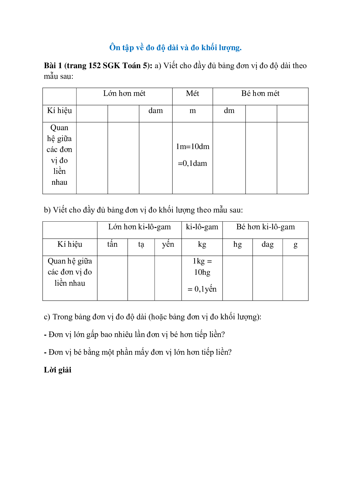 Viết cho đầy đủ bảng đơn vị đo độ dài theo mẫu (trang 1)