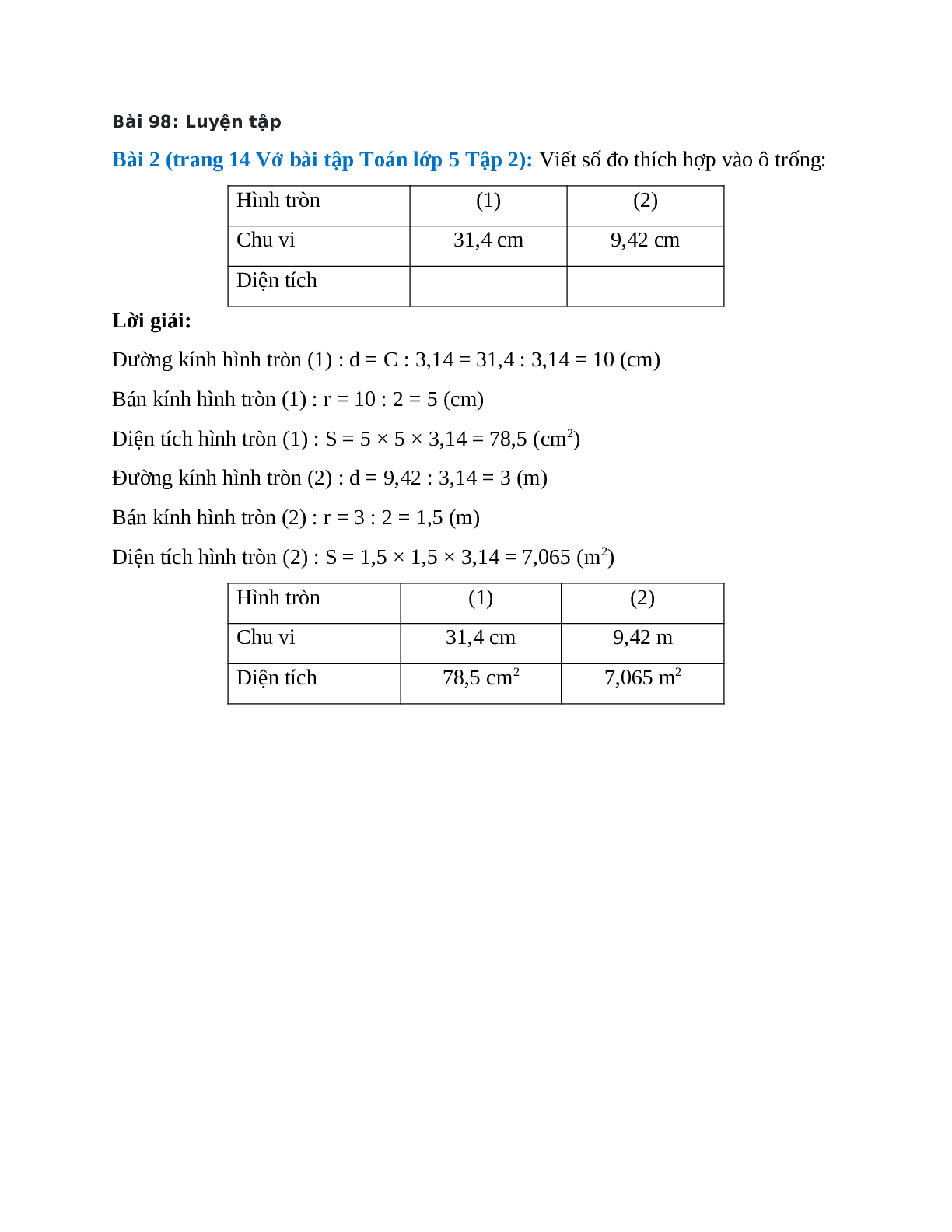 Viết số đo thích hợp vào ô trống Bài 2 trang 14 Vở bài tập Toán lớp 5 (trang 1)