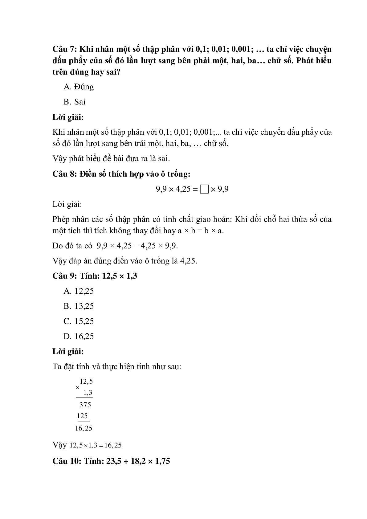 14 câu Trắc nghiệm Nhân một số thập phân với một số thập phân có đáp án 2023 – Toán lớp 5 (trang 3)