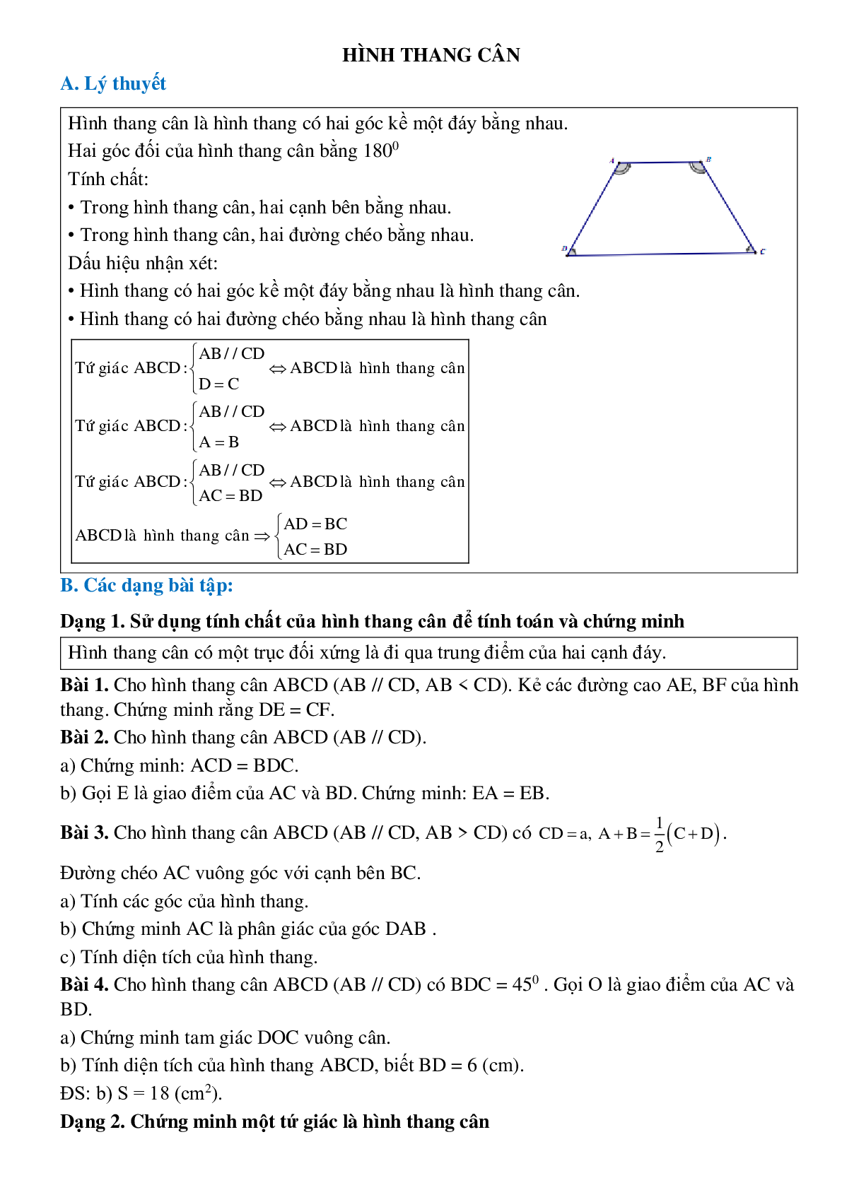 Bài tập về Hình thang cân toán lớp 8 chọn lọc (trang 1)