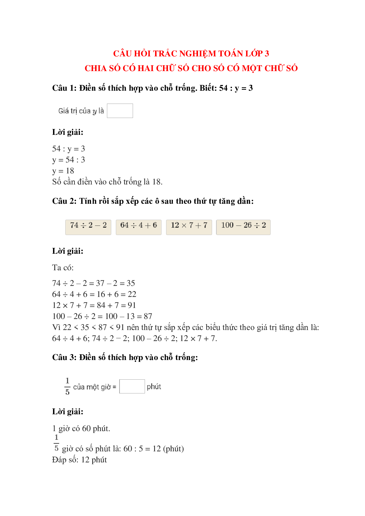 Trắc nghiệm Chia số có hai chữ số cho số có một chữ số có đáp án – Toán lớp 3 (trang 1)