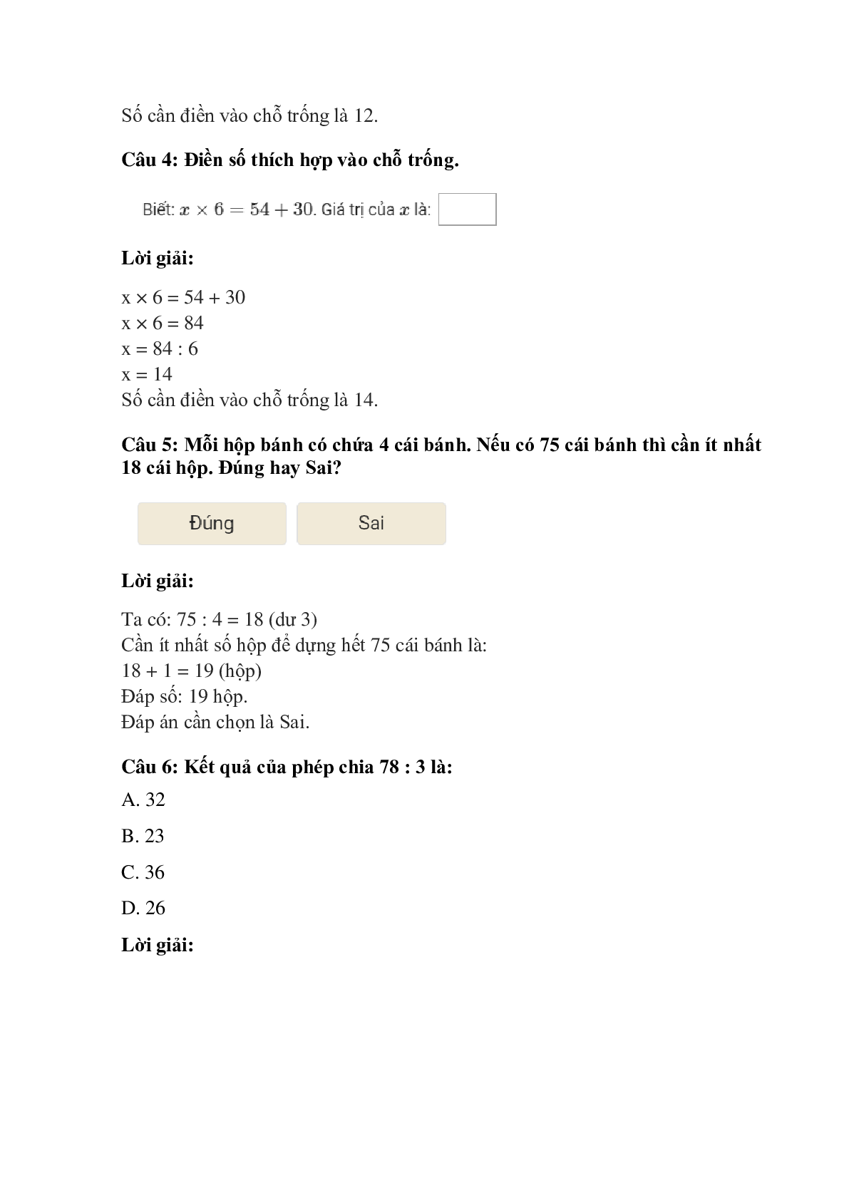 Trắc nghiệm Chia số có hai chữ số cho số có một chữ số có đáp án – Toán lớp 3 (trang 2)