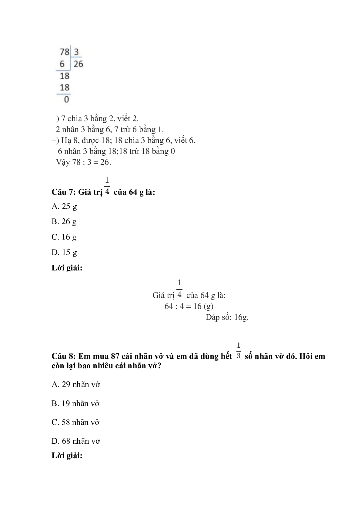 Trắc nghiệm Chia số có hai chữ số cho số có một chữ số có đáp án – Toán lớp 3 (trang 3)
