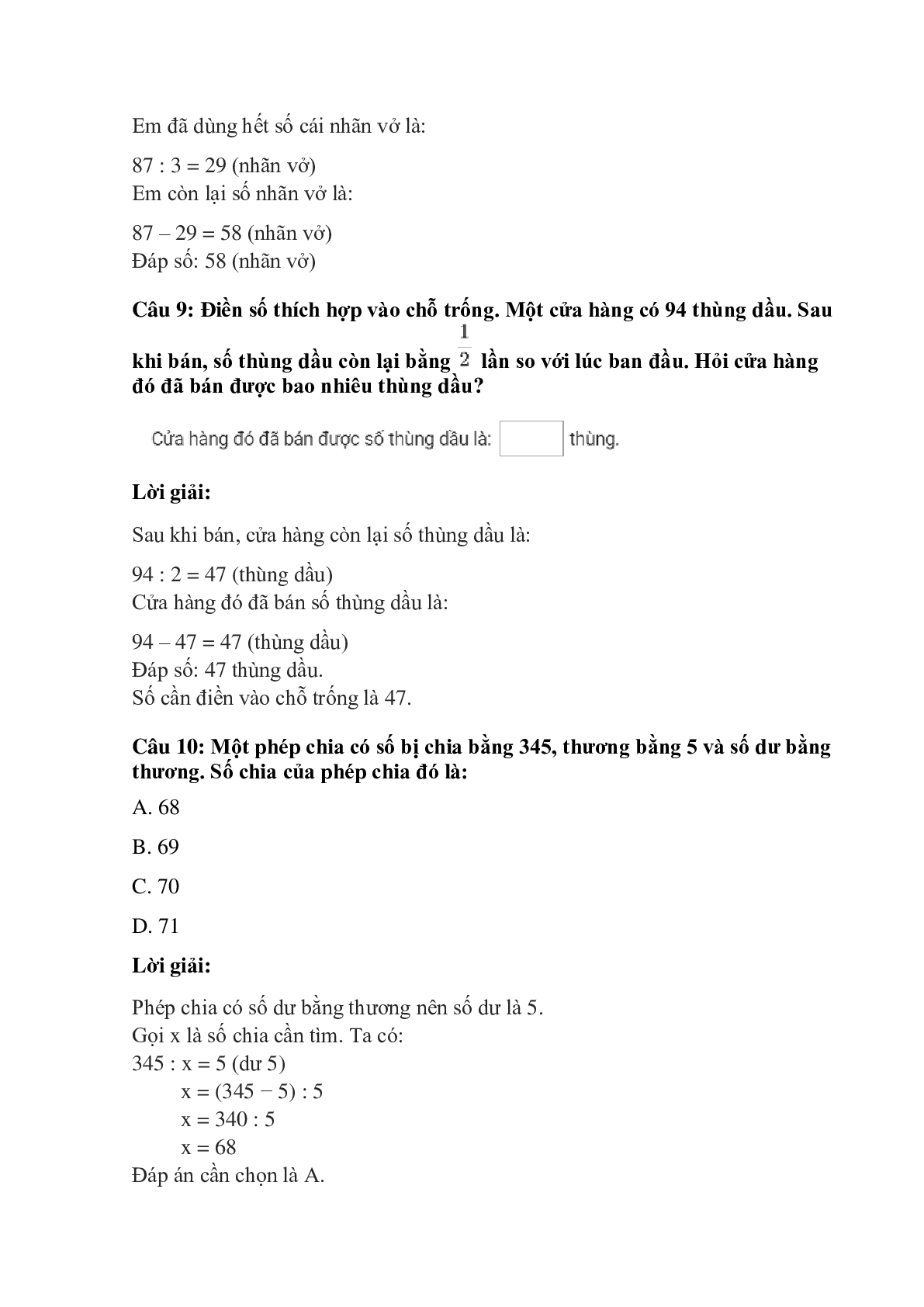 Trắc nghiệm Chia số có hai chữ số cho số có một chữ số có đáp án – Toán lớp 3 (trang 4)