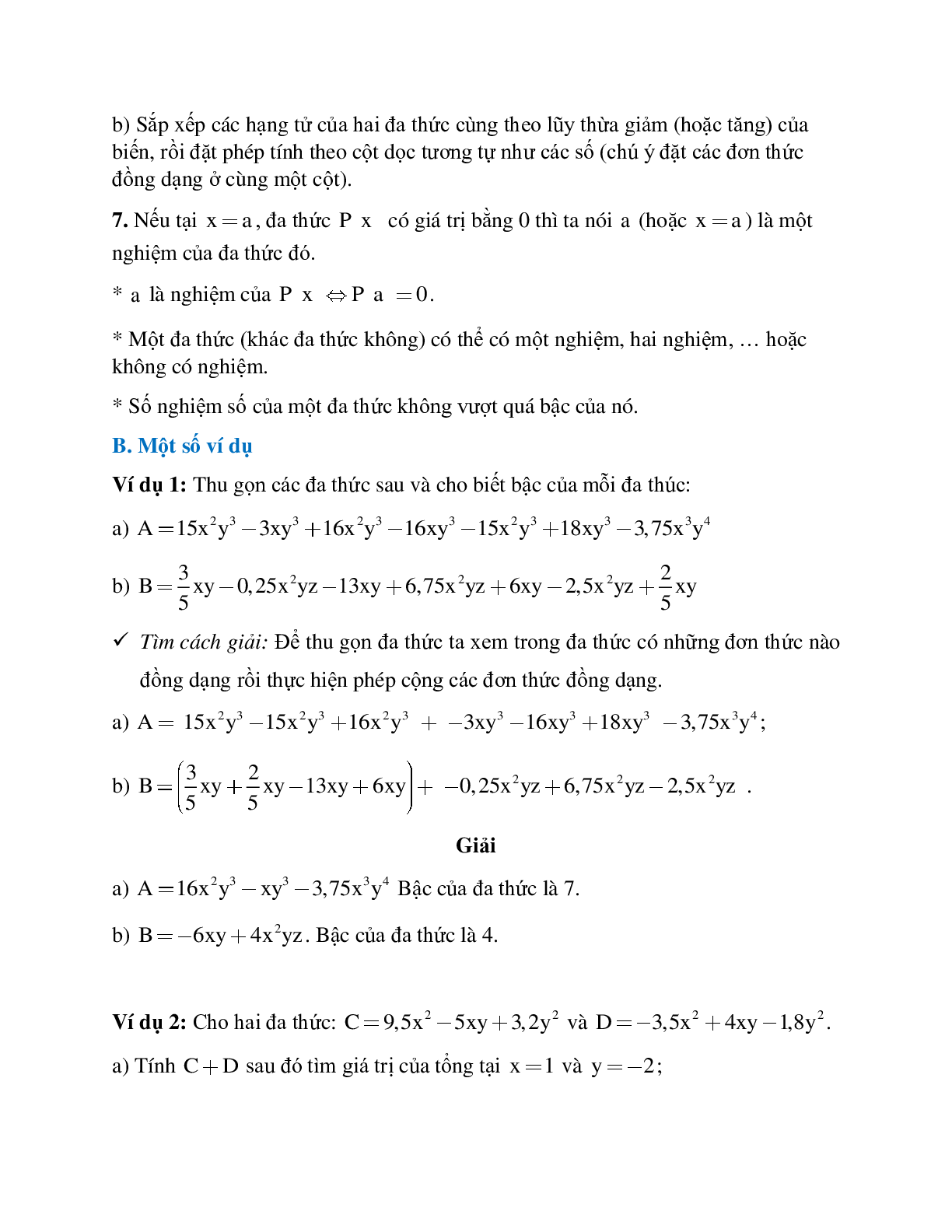 Lý thuyết và bài tập Đa thức - Đa thức một biến - Cộng trừ đa thức một biến - Nghiệm của đa thức một biến có lời giải (trang 2)