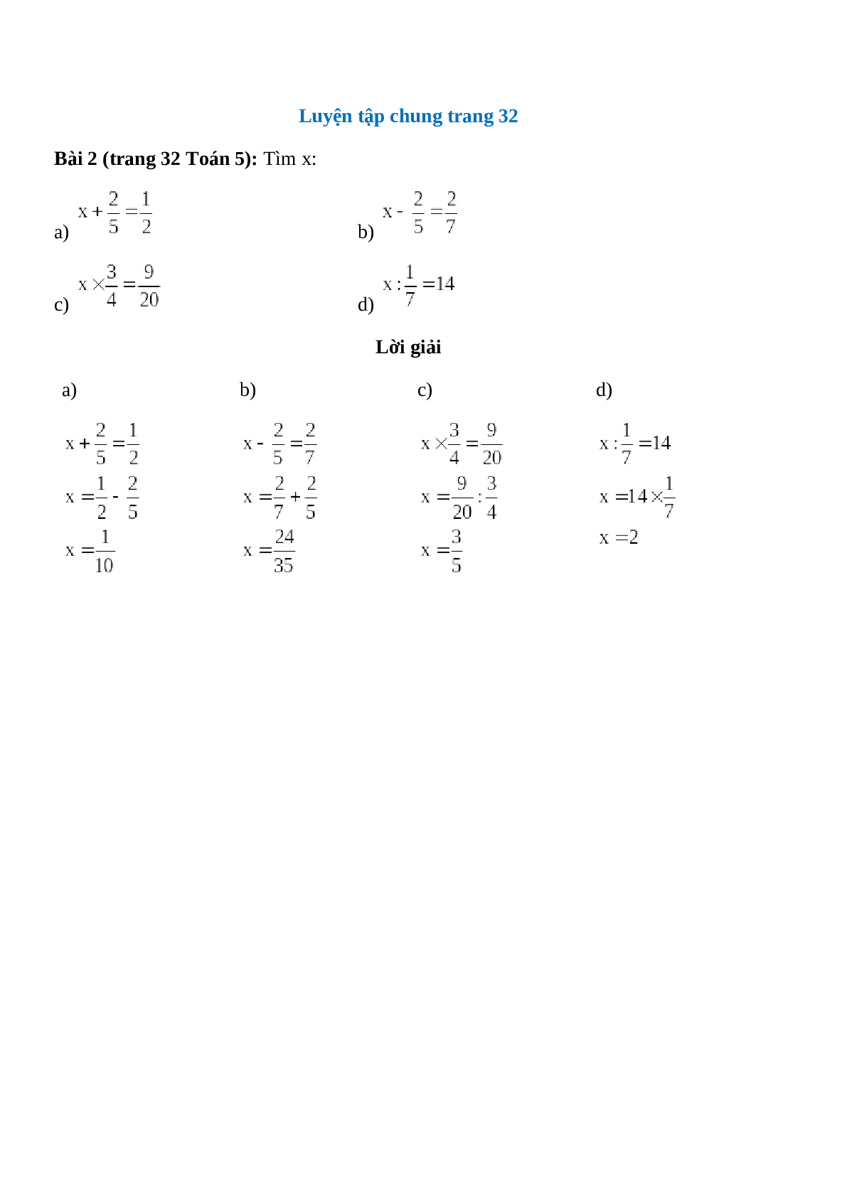 Tìm x: x + 2/5 = 1/2 (trang 1)