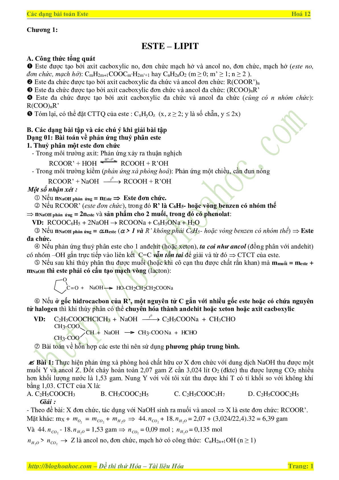 Các dạng bài tập Este - Lipit môn Hóa lớp 12 (trang 1)