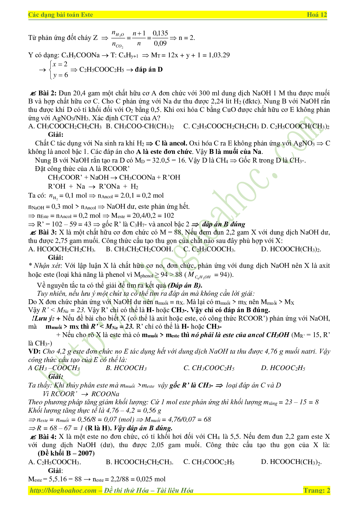Các dạng bài tập Este - Lipit môn Hóa lớp 12 (trang 2)