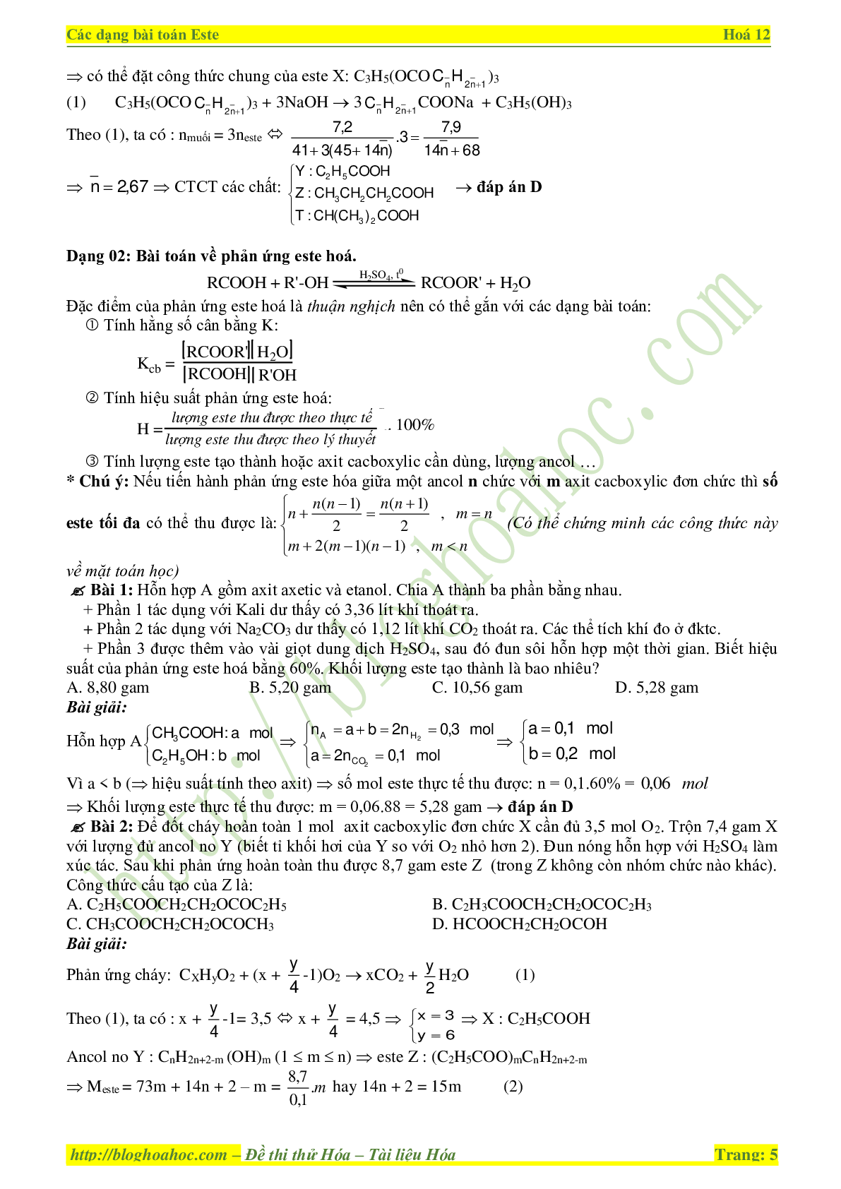 Các dạng bài tập Este - Lipit môn Hóa lớp 12 (trang 5)