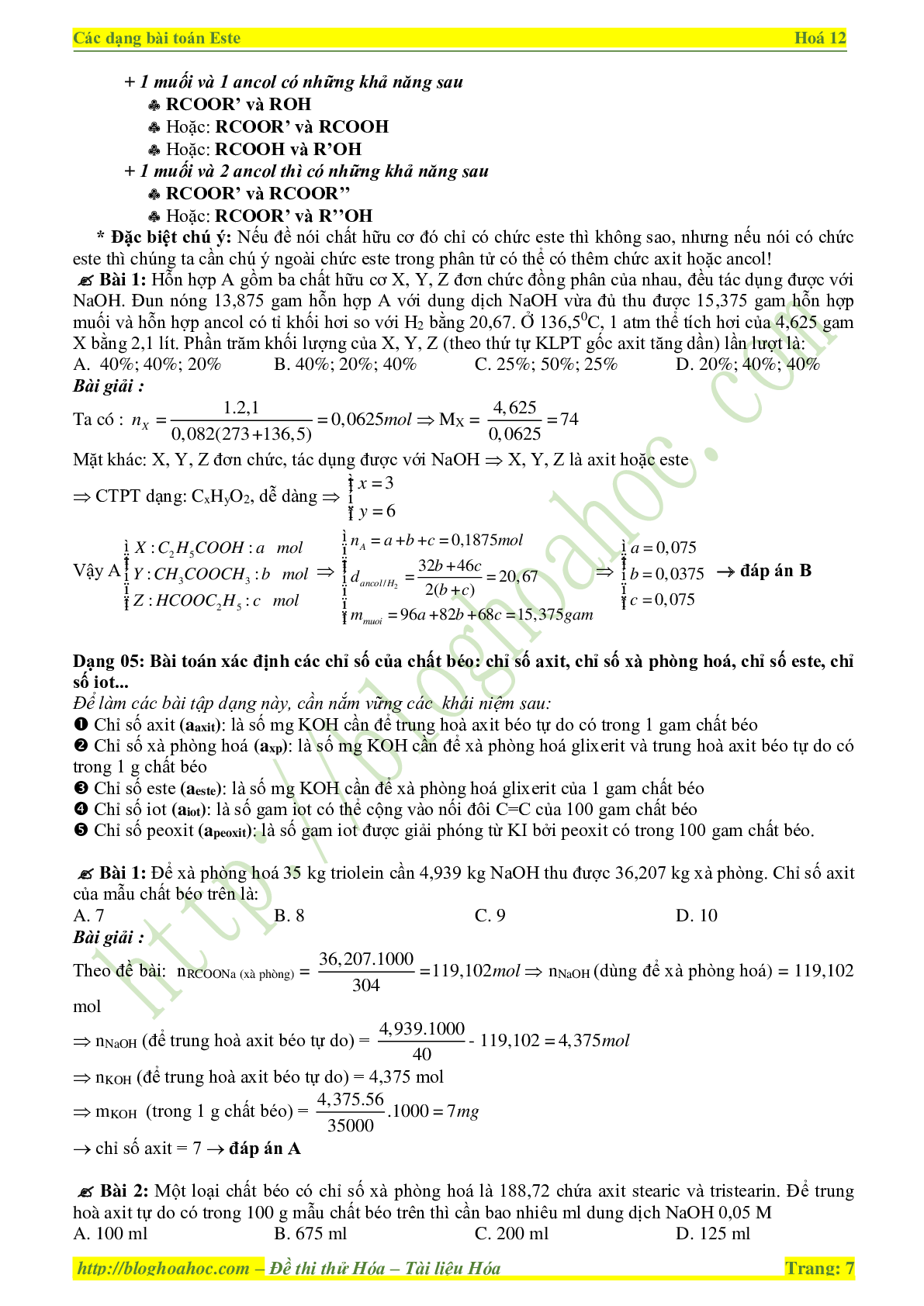 Các dạng bài tập Este - Lipit môn Hóa lớp 12 (trang 7)