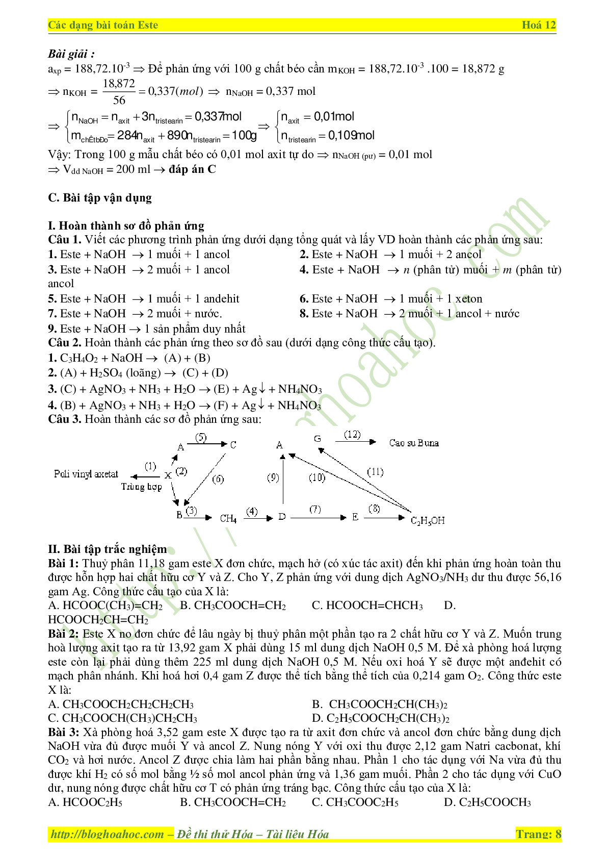 Các dạng bài tập Este - Lipit môn Hóa lớp 12 (trang 8)