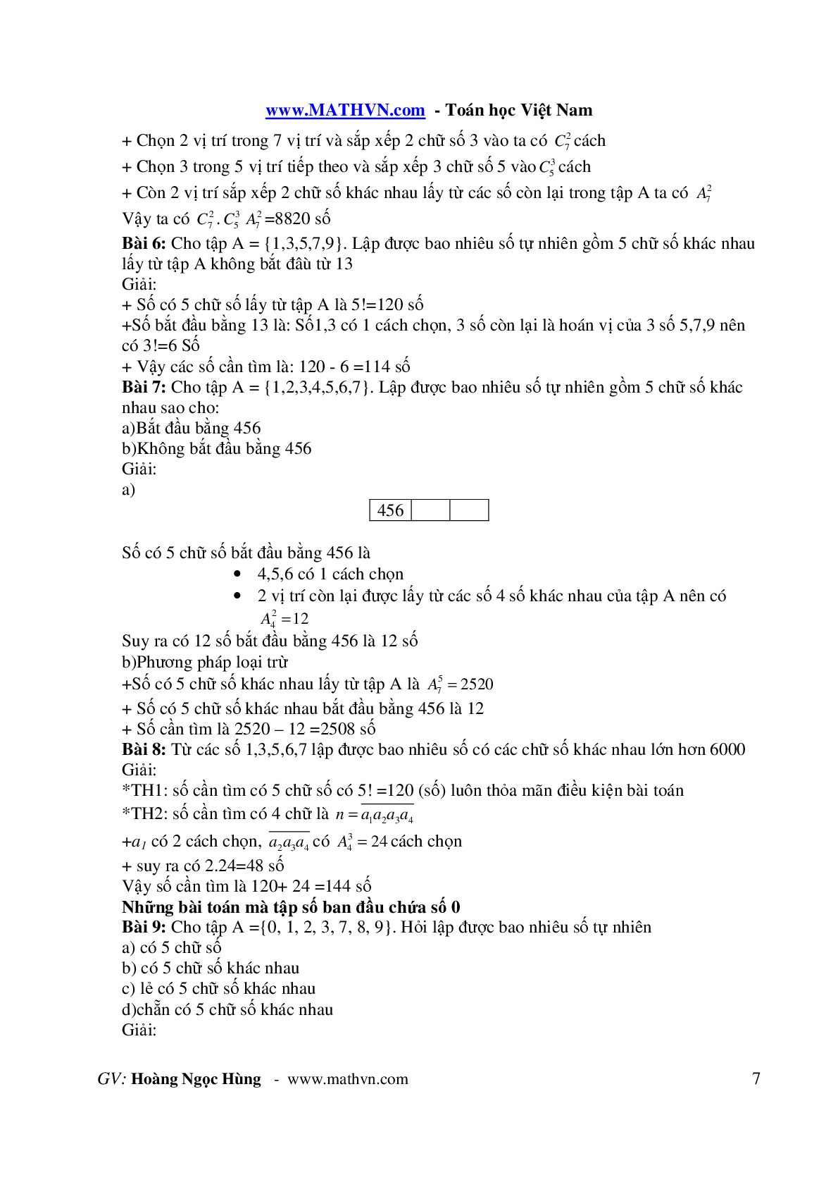 Bài toán đếm đại số tổ hợp môn Toán lớp 11 hay, chọn lọc (trang 7)