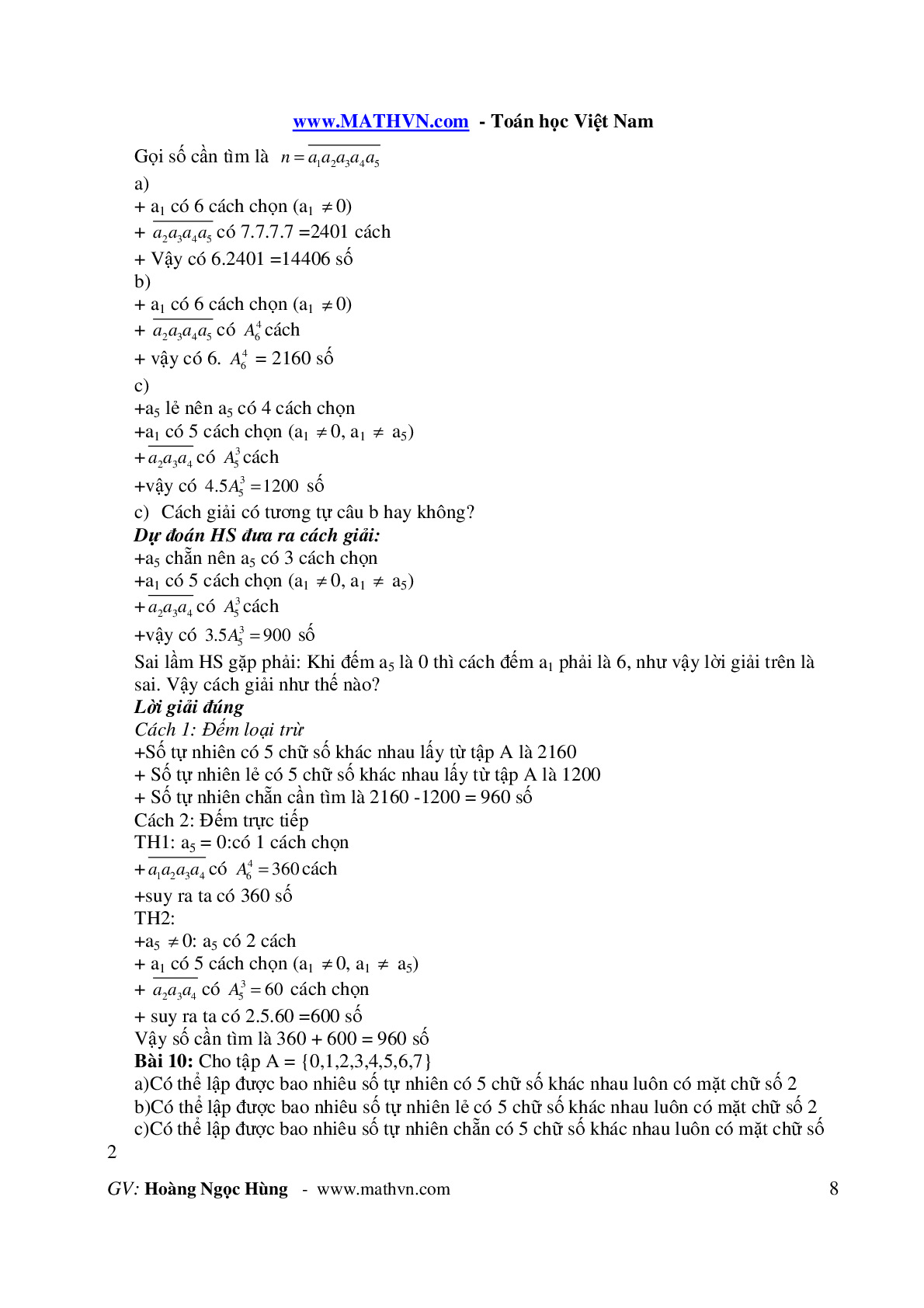 Bài toán đếm đại số tổ hợp môn Toán lớp 11 hay, chọn lọc (trang 8)