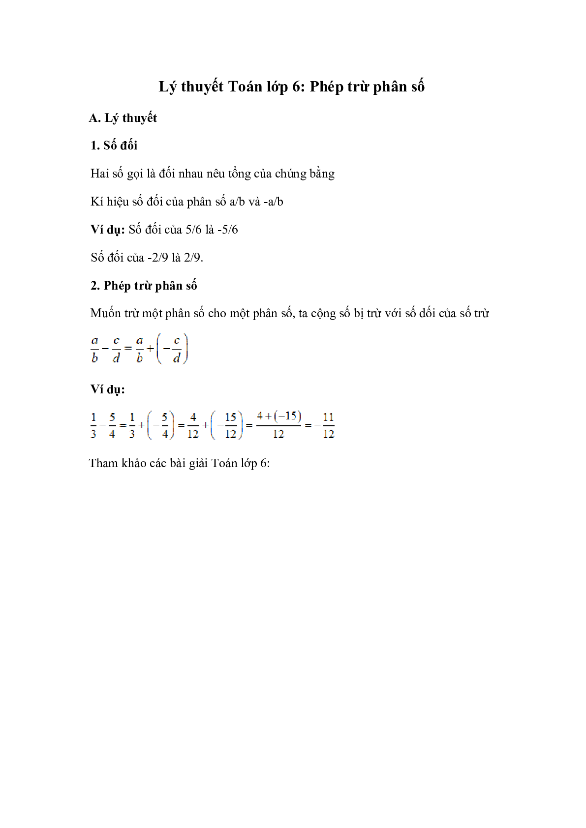 Lý thuyết Toán lớp 6: Phép trừ phân số (trang 1)