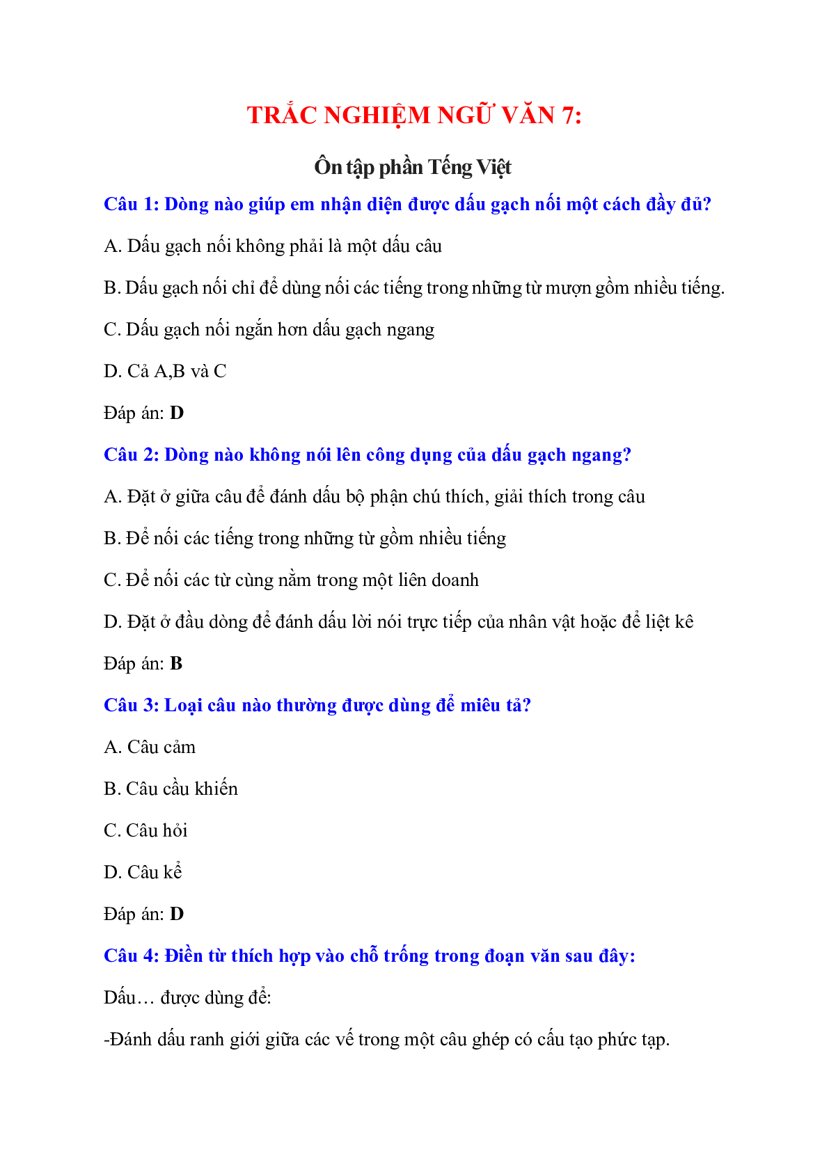 Trắc nghiệm Ôn tập phần Tiếng Việt có đáp án – Ngữ văn lớp 7 (trang 1)