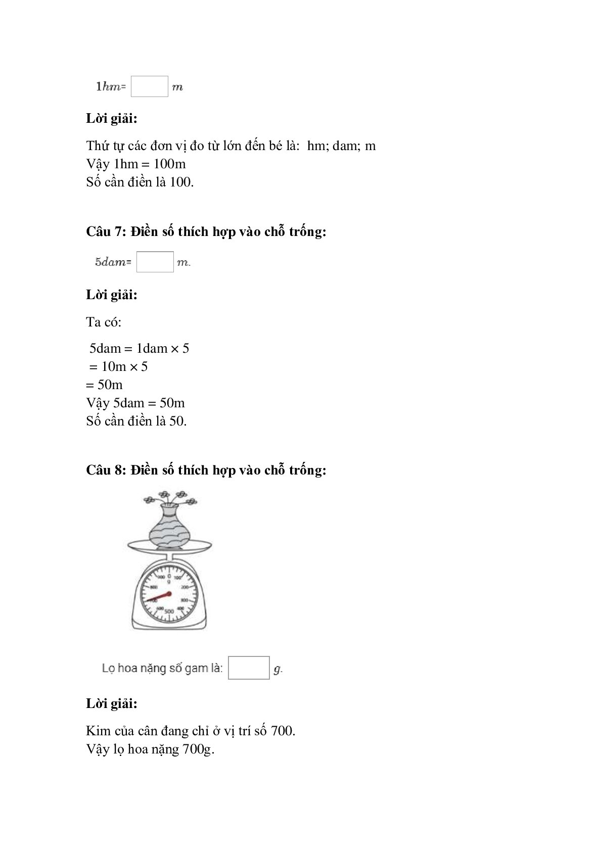 Trắc nghiệm Ôn tập về đại lượng có đáp án – Toán lớp 3 (trang 3)